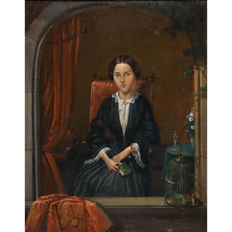 Thomas van Leent (1807-1882) - Niederländische Schule 1856 Öl, Frau mit Papagei – Painting von Unknown