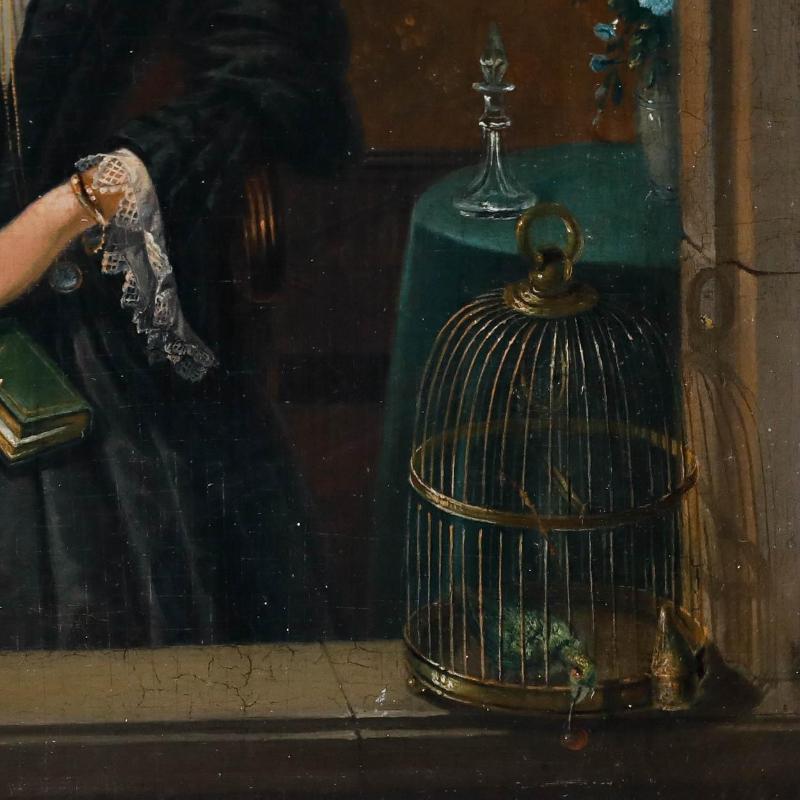 Ein fein ausgeführtes, symbolträchtiges Porträt des niederländischen Künstlers Thomas van Leent (1807-1882). Eine junge Frau sitzt in einer steinernen Nische und hält ein Buch auf ihrem Schoß, während ein Papagei in einem vergoldeten Käfig auf dem