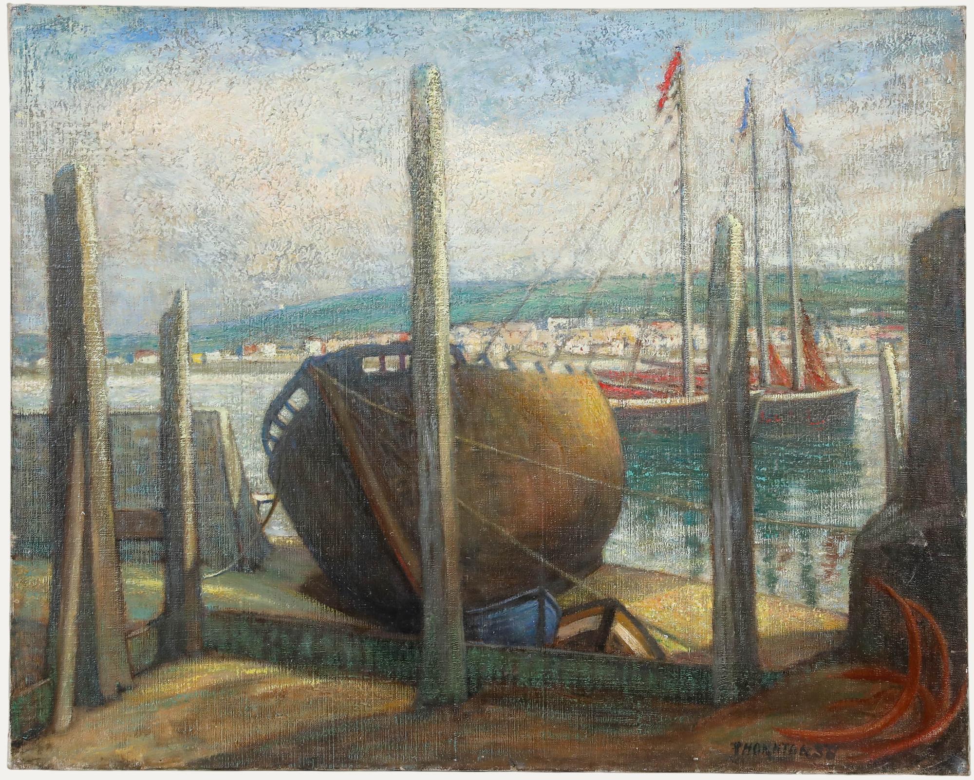 Figurative Painting Unknown - Thornton - 1938 Huile, Le port