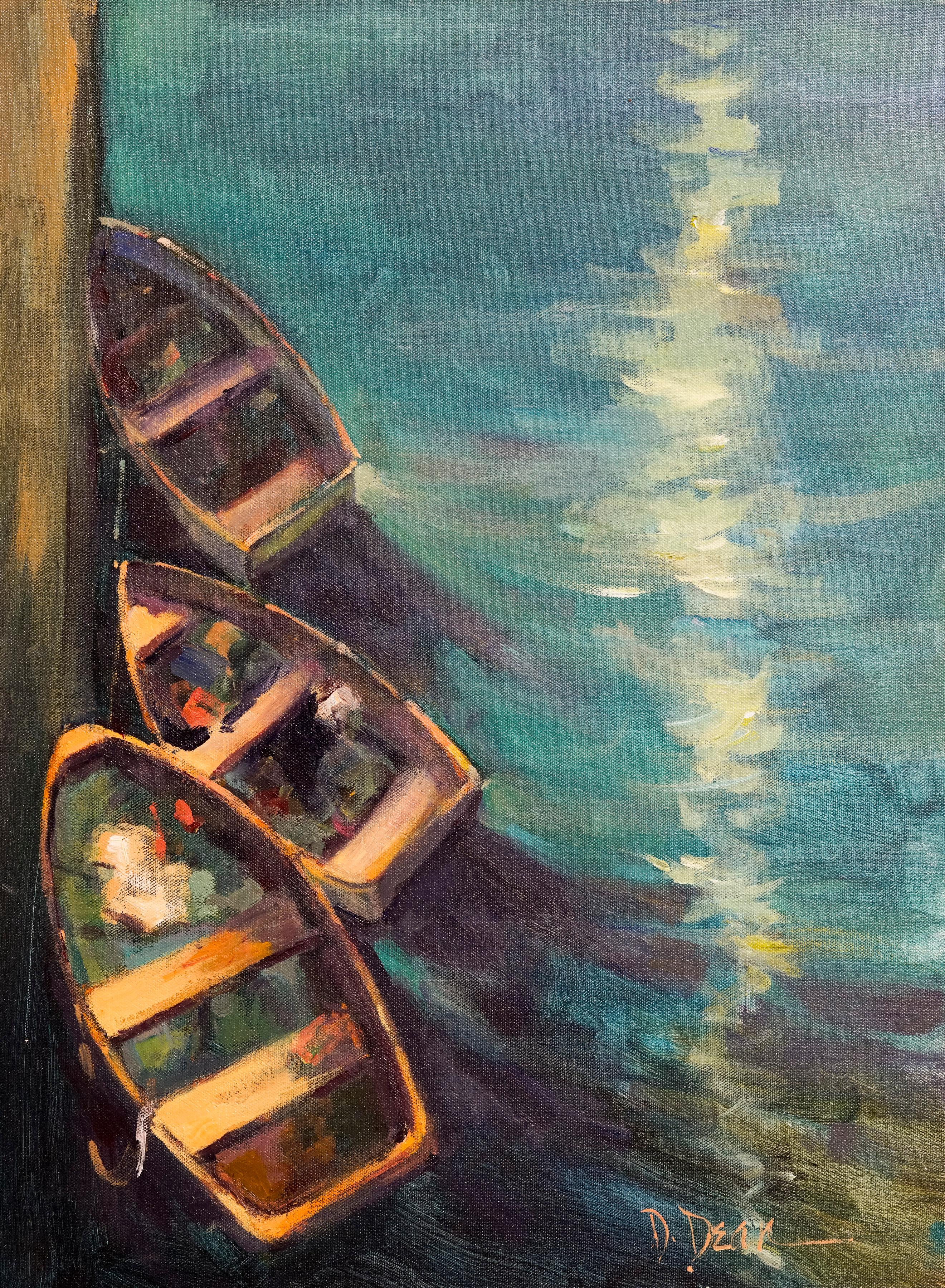 Dee Beard Dean Figurative Painting - Three Boats, Plein Air Nautical Original Fine Art Oil on Cotton Canvas