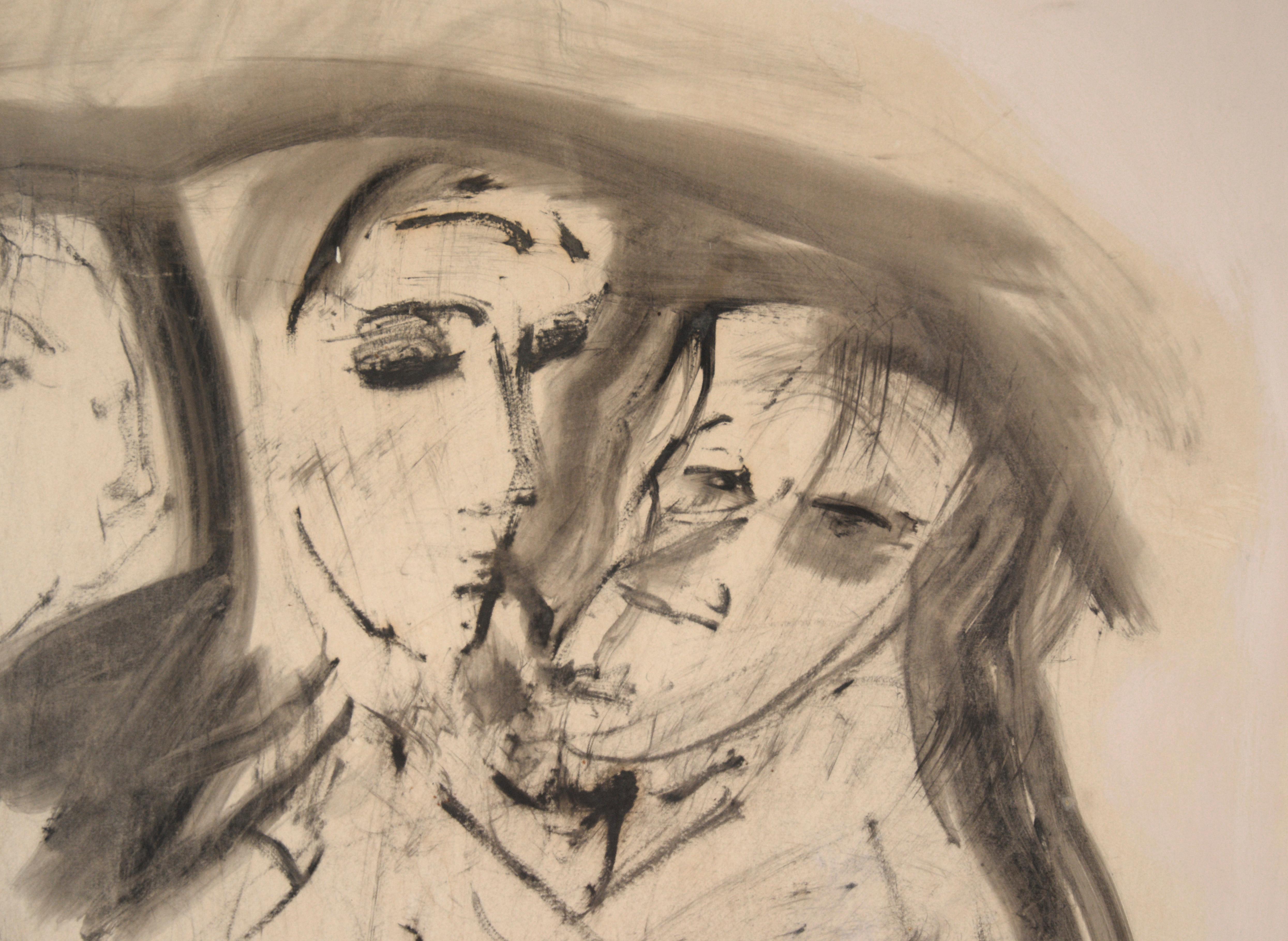 Three Figures - Black and White Illustration in Ink on Paper - Painting by Unknown