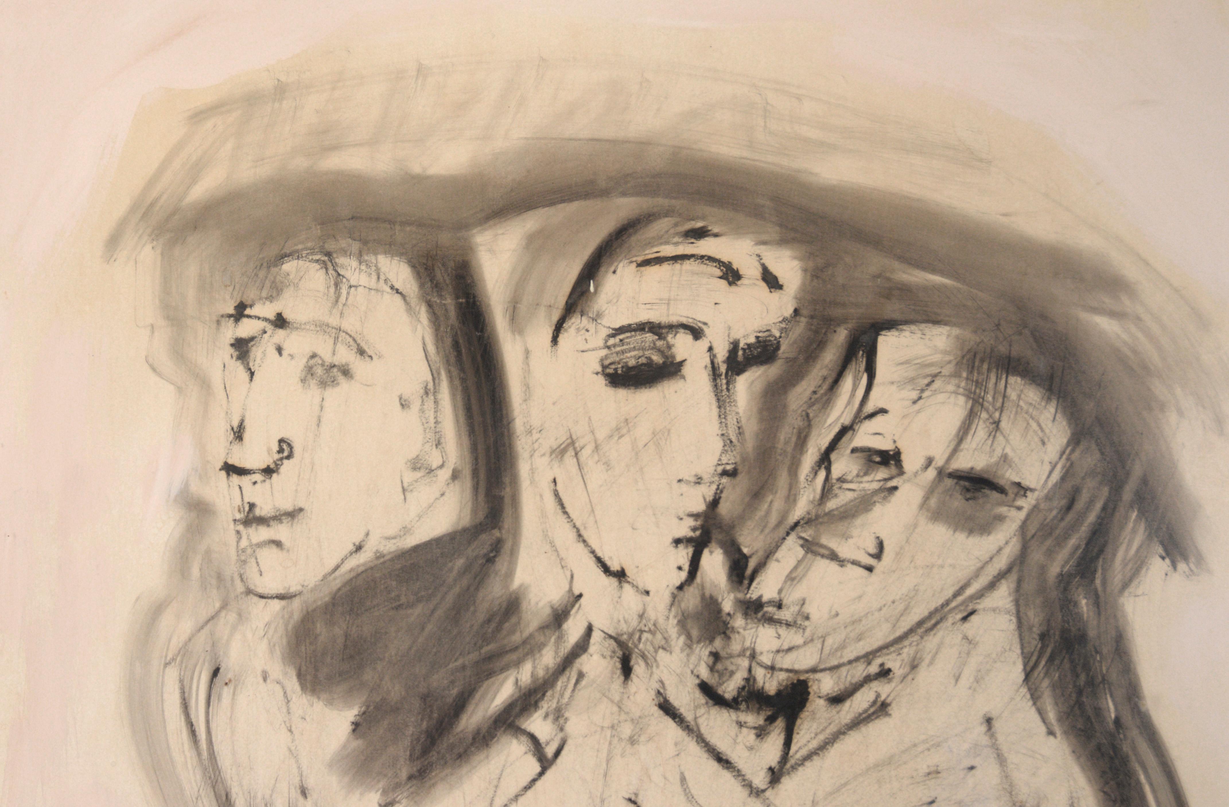 Three Figures - Black and White Illustration in Ink on Paper - Abstract Expressionist Painting by Unknown