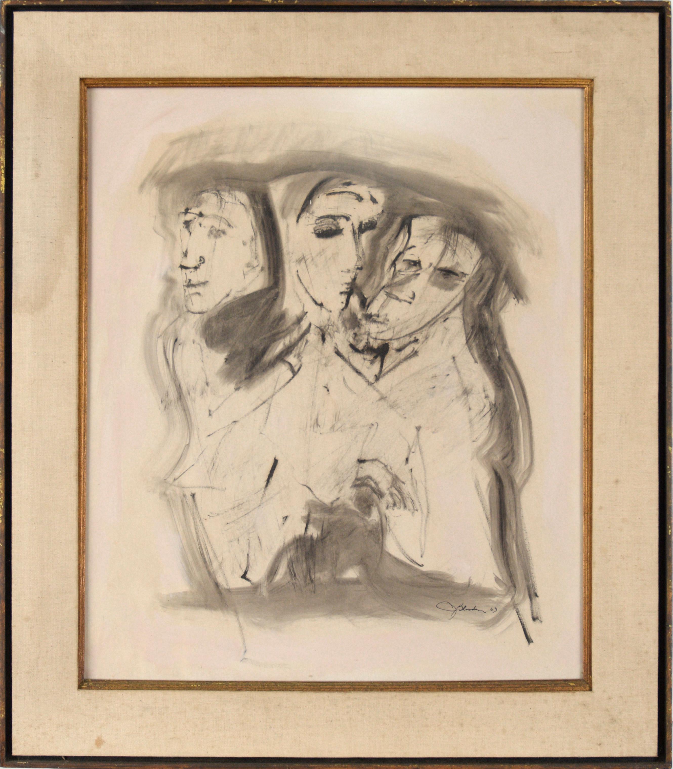 Unknown Figurative Painting - Three Figures - Black and White Illustration in Ink on Paper