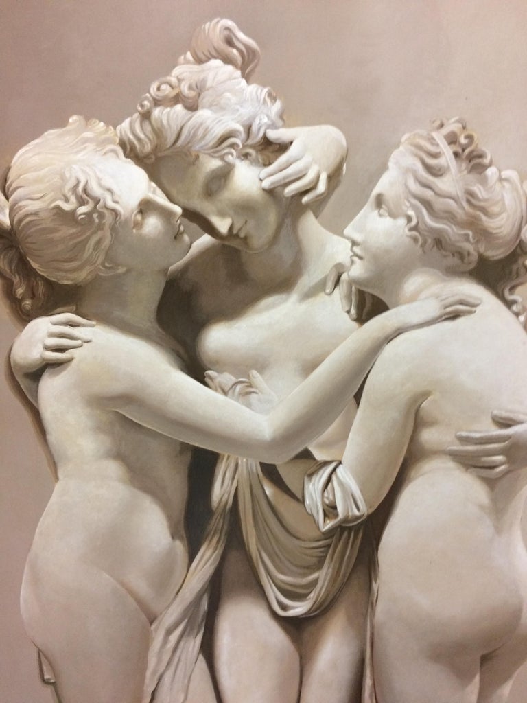 Early 20th century  Italian  Grisaille Paintings , oil on wood after a famous Thorvaldsen reliefs .
Mythological scene withe the  three Graces . Daughters of Zeus — represent  Youth Beauty and Elegance  .
The Graces Euphrosyne, Aglaea and Thalia 