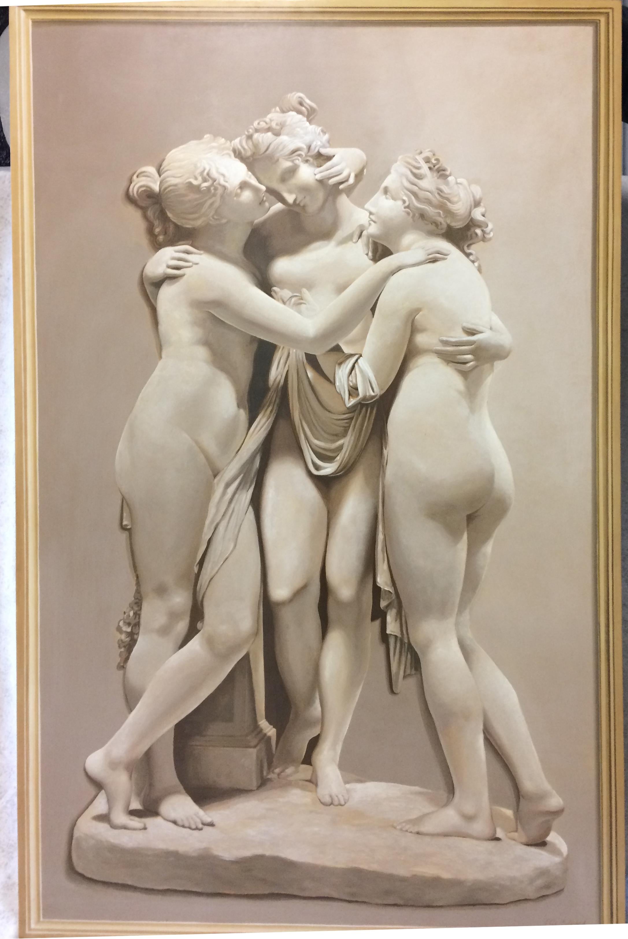 Three Graces Large Neoclassical Grisaille Painting after Canova 1920 - Brown Nude Painting by Unknown