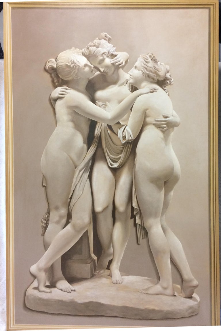Three Graces Large Neoclassical Grisaille Painting after Canova 1920 For Sale 2