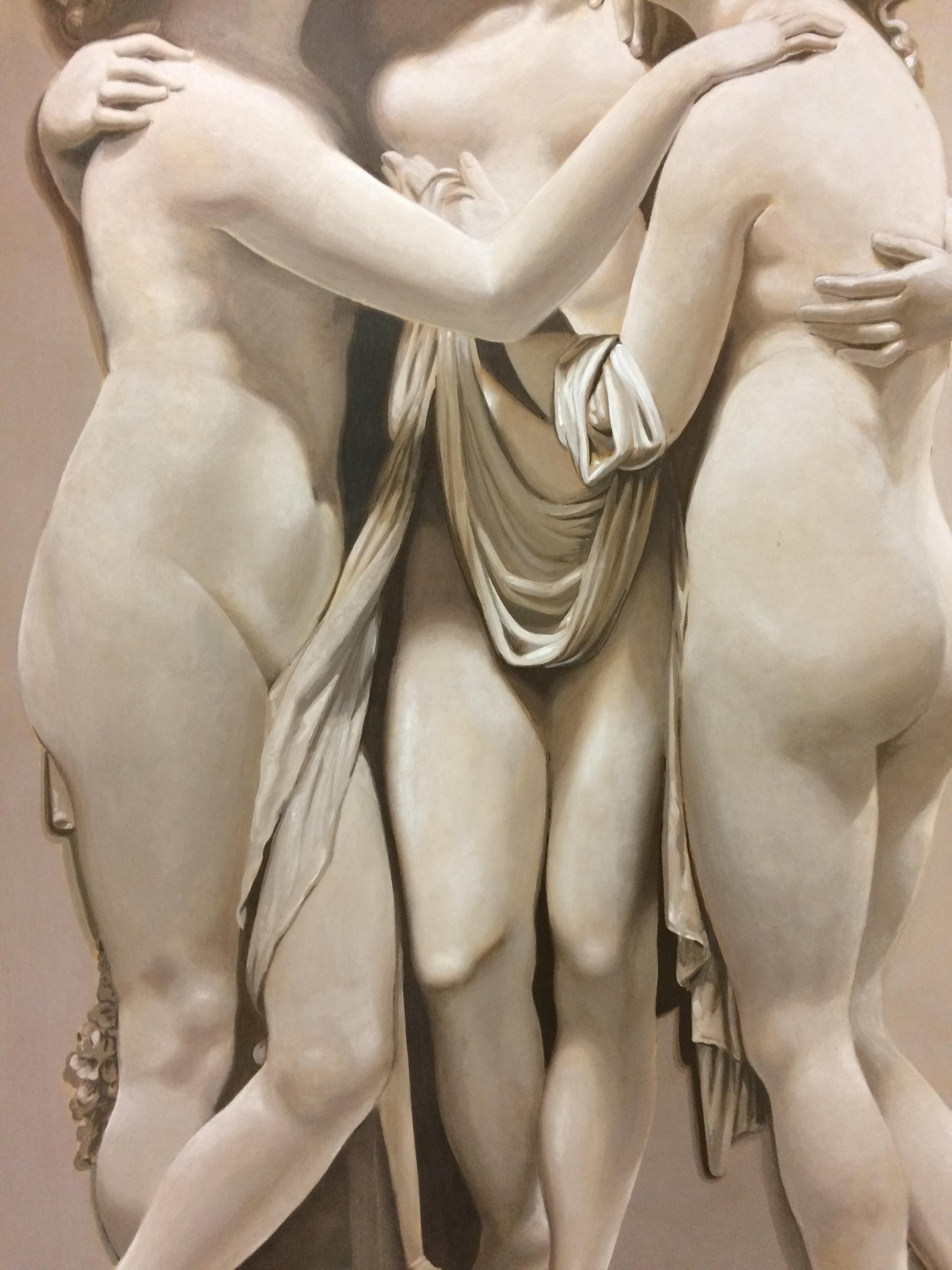 Three Graces Large Neoclassical Grisaille Painting after Canova 1920 1