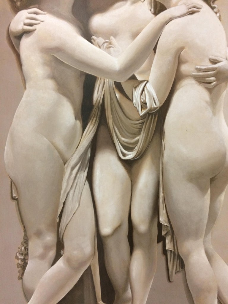 Three Graces Large Neoclassical Grisaille Painting after Canova 1920 For Sale 4