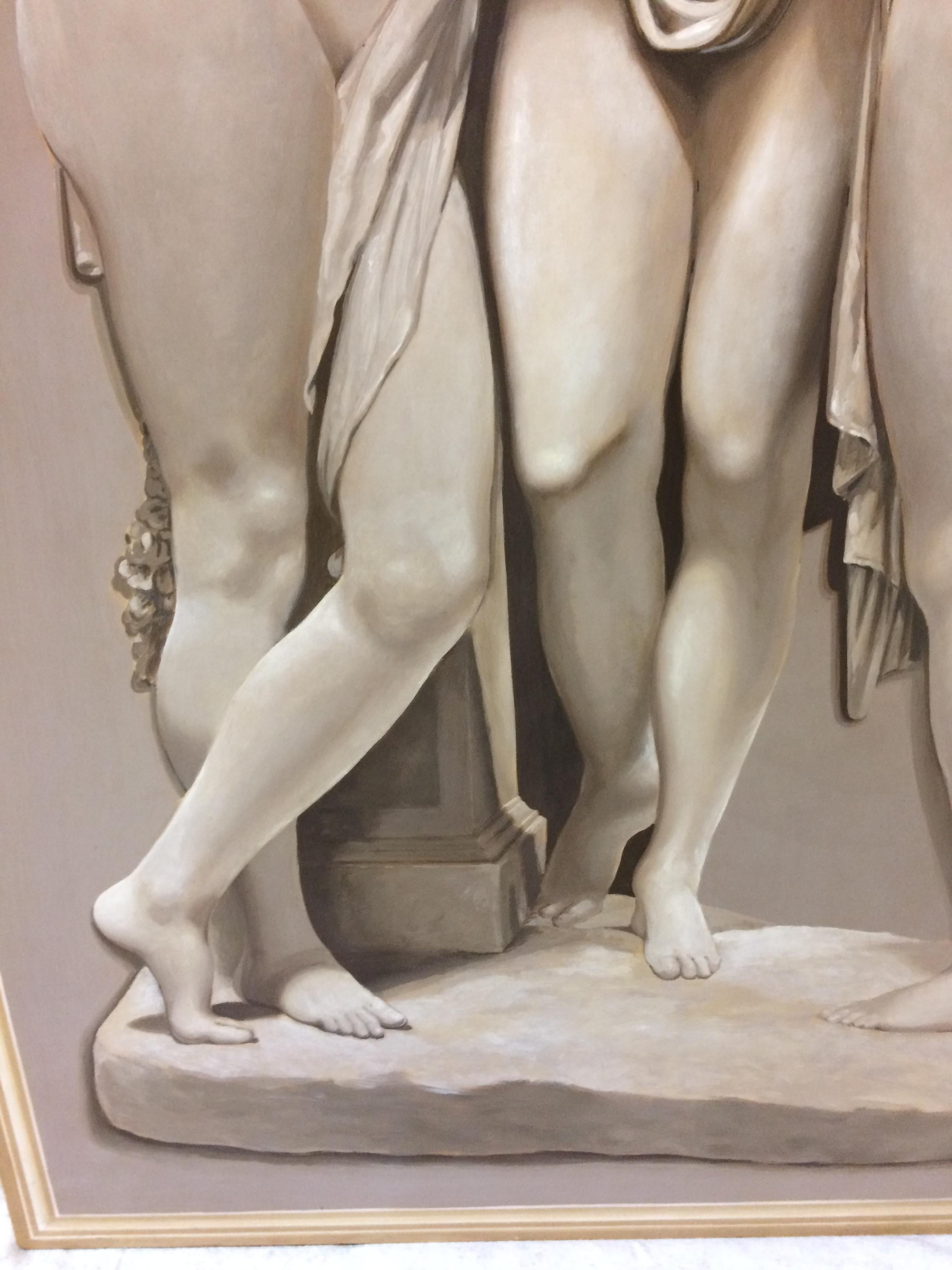 Three Graces Large Neoclassical Grisaille Painting after Canova 1920 2