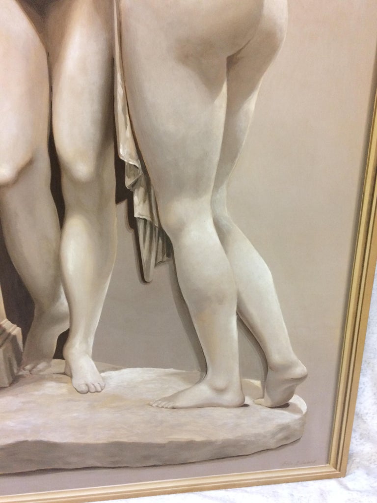 Three Graces Large Neoclassical Grisaille Painting after Canova 1920 For Sale 6