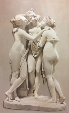 Three Graces Large Neoclassical Grisaille Painting after Canova 1920