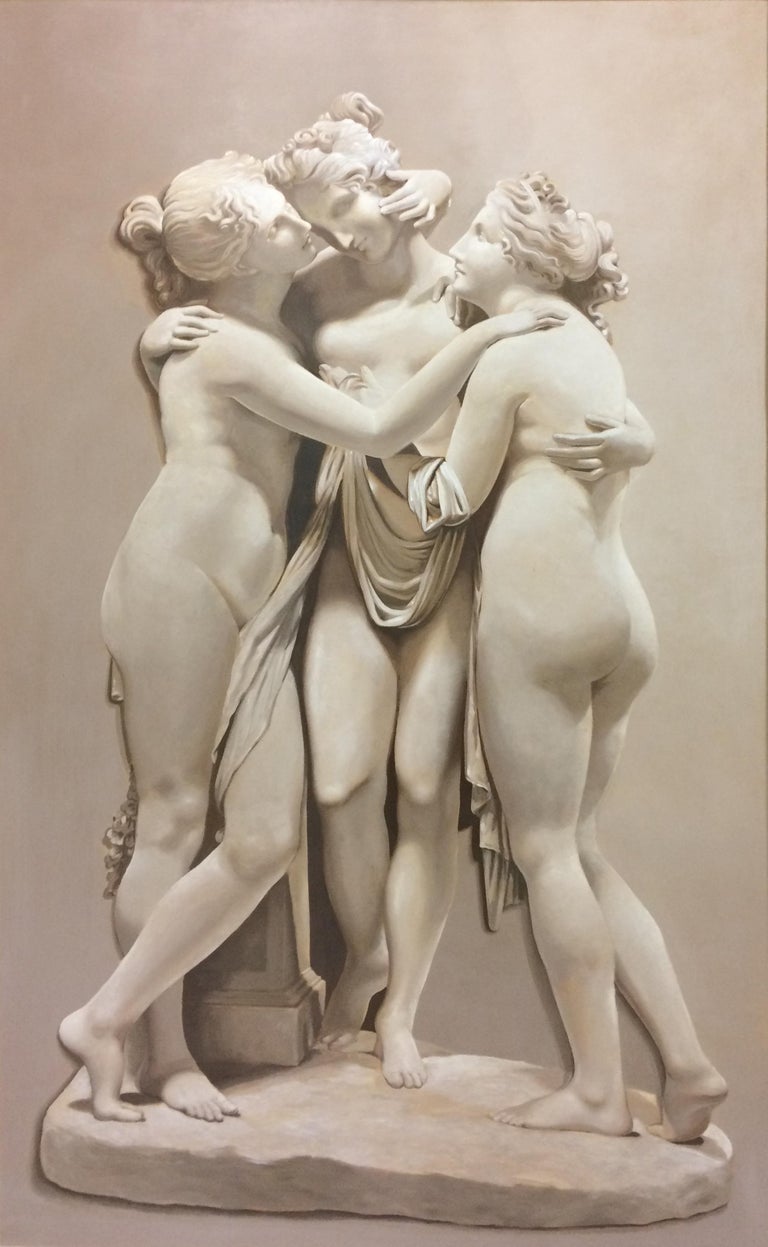 Unknown Nude Painting - Three Graces Large Neoclassical Grisaille Painting after Canova 1920