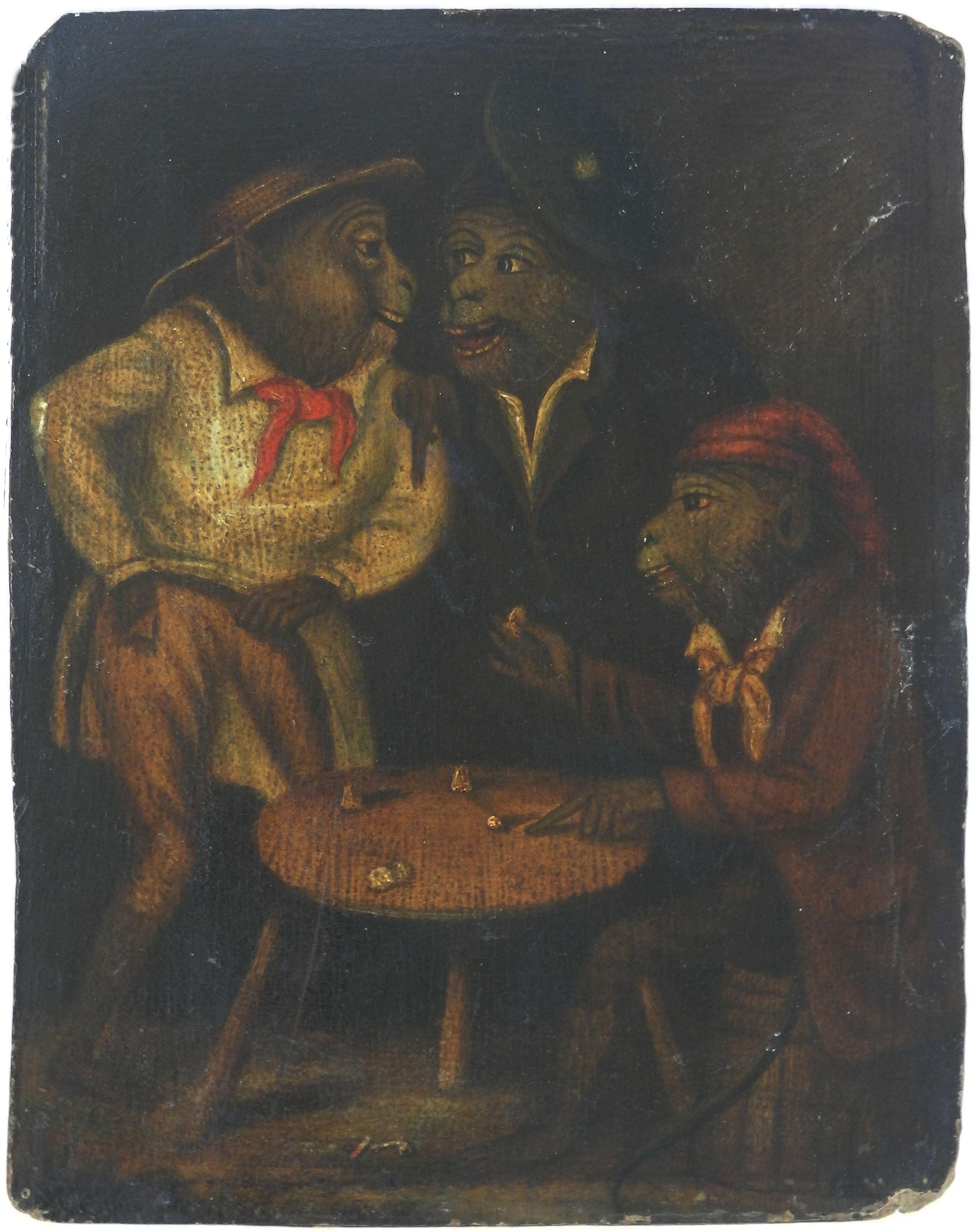 Three Monkeys Gambling 19th Century Oil Painting   1