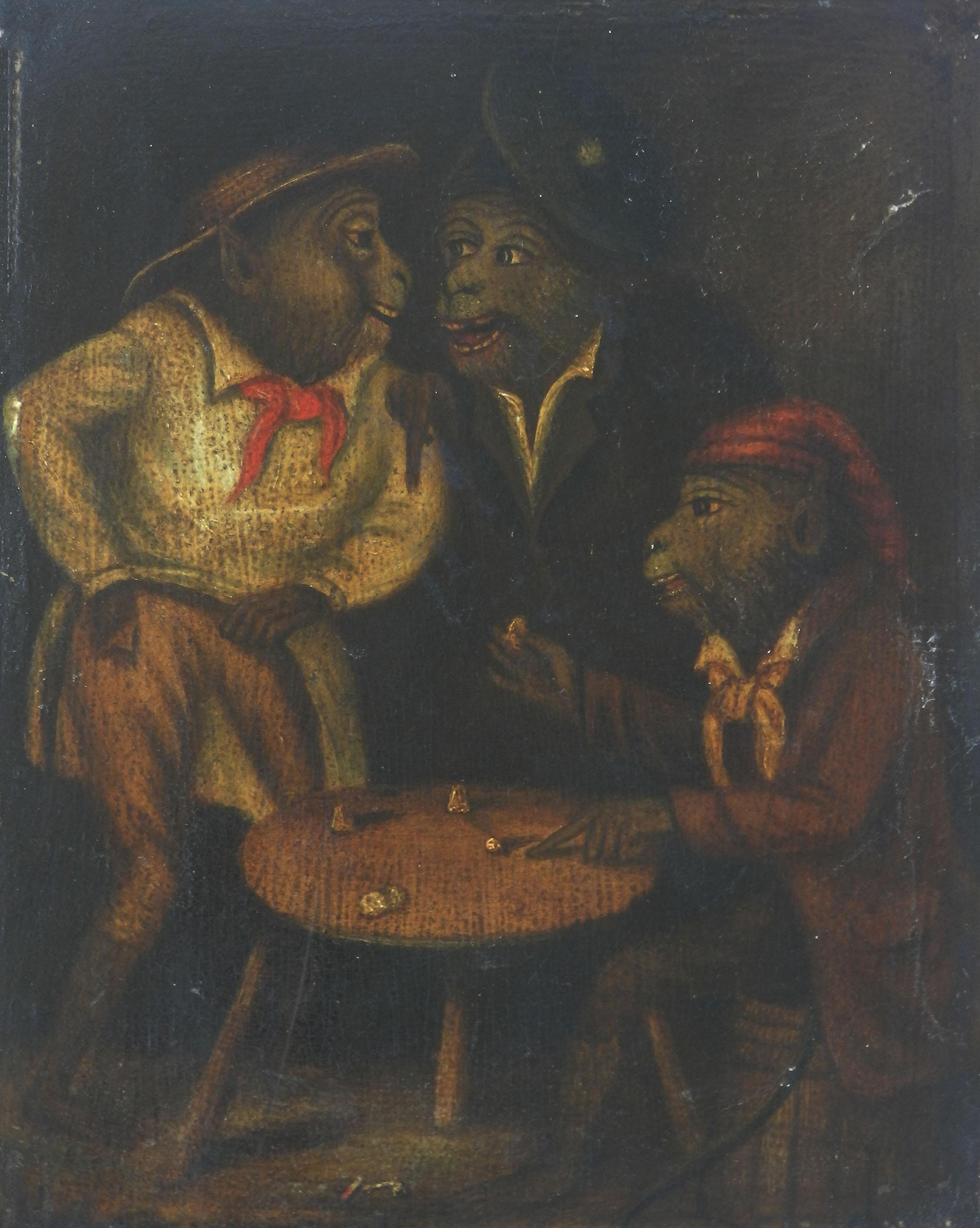 Unknown Animal Painting - Three Monkeys Gambling 19th Century Oil Painting  
