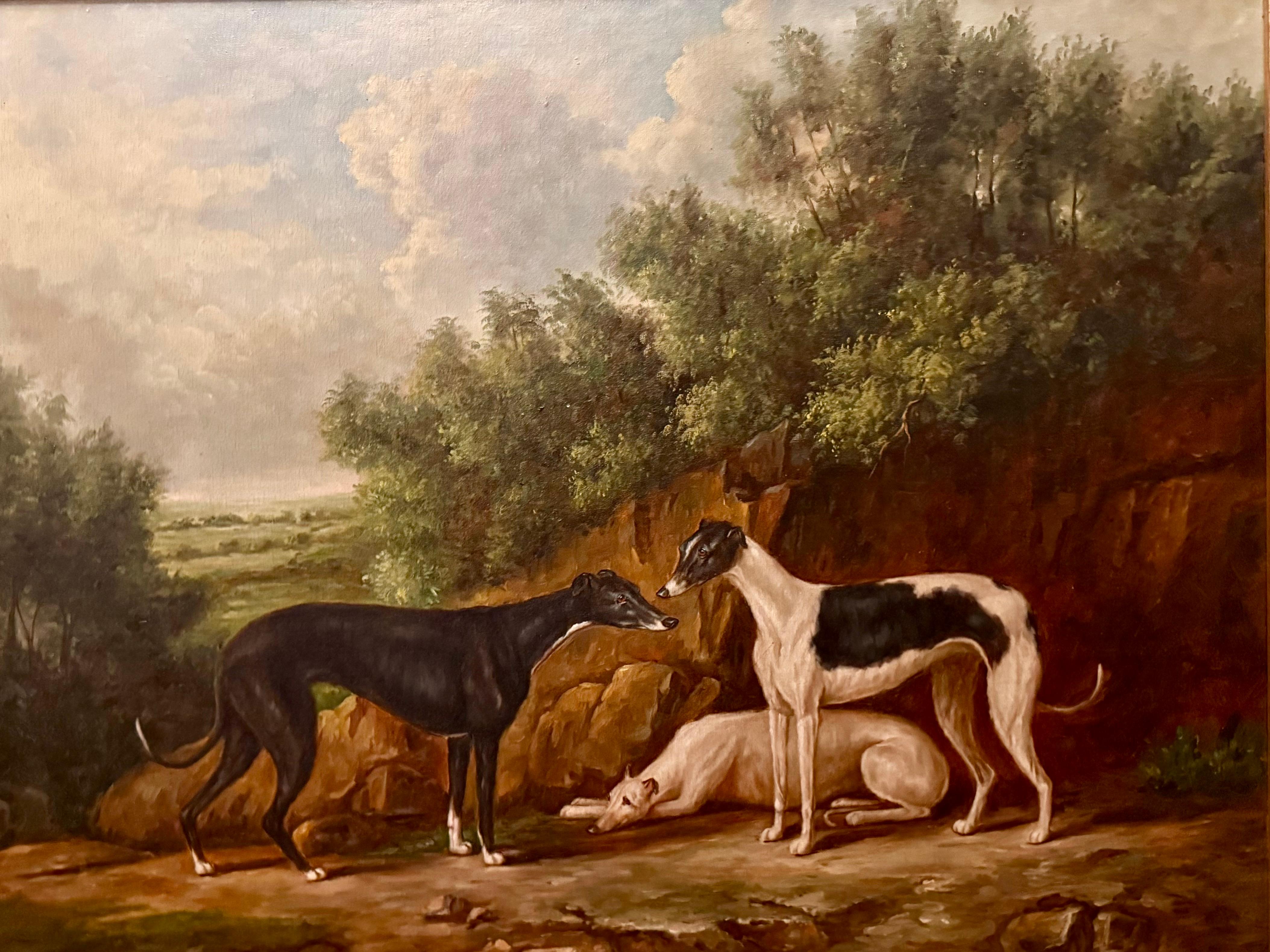 Three Whippets in landscape, mahogany frame - English School Painting by Unknown