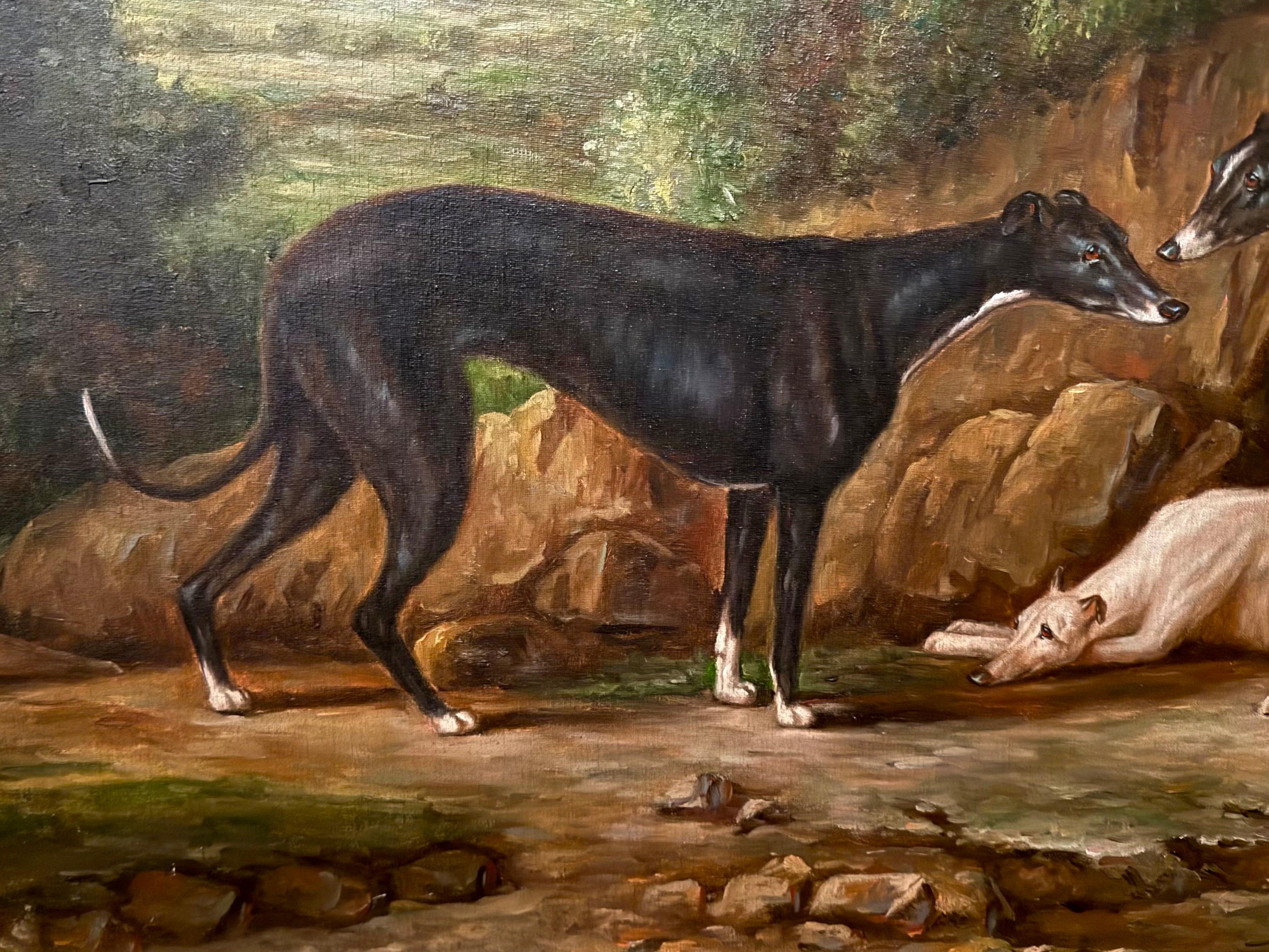 Three Whippets in landscape, mahogany frame - Brown Landscape Painting by Unknown