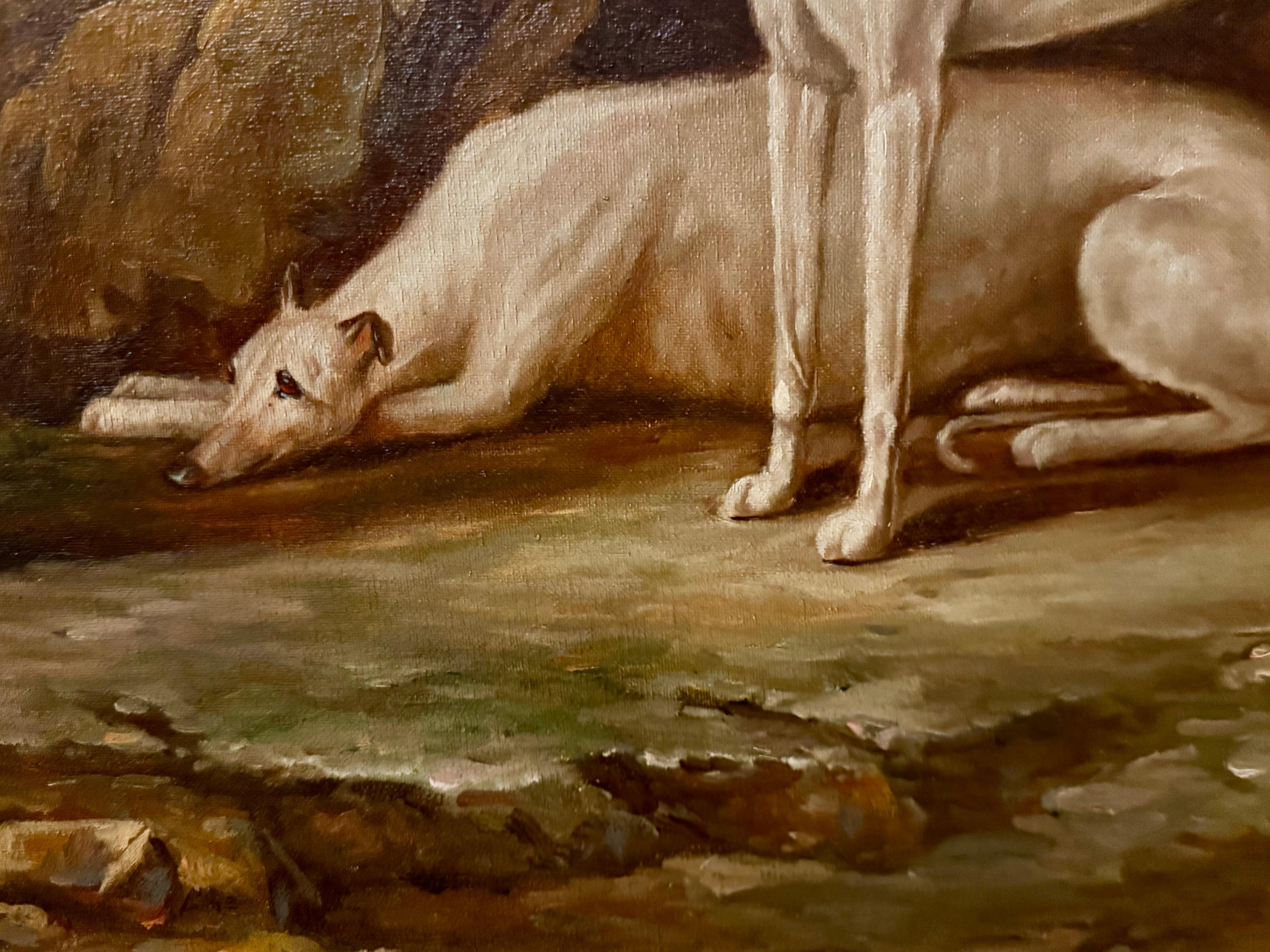 Three whippet dogs in a landscape oil painting reminiscent of 19th century British style or English School, this artwork is 45” long and nearly three feet high.  Painted in the 20th century, this is a contemporary painting in a traditional style for