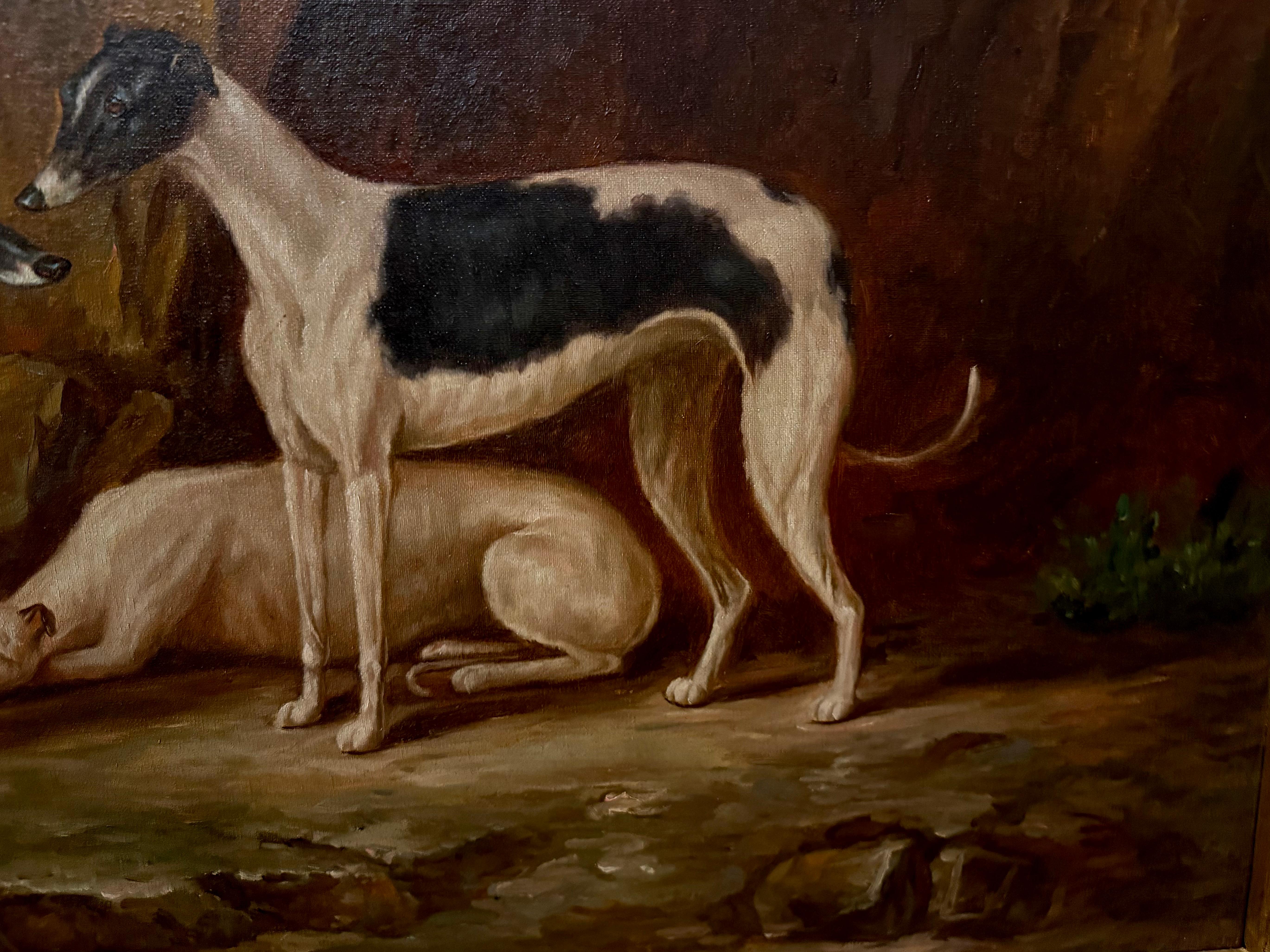 Three Whippets in landscape, mahogany frame For Sale 1