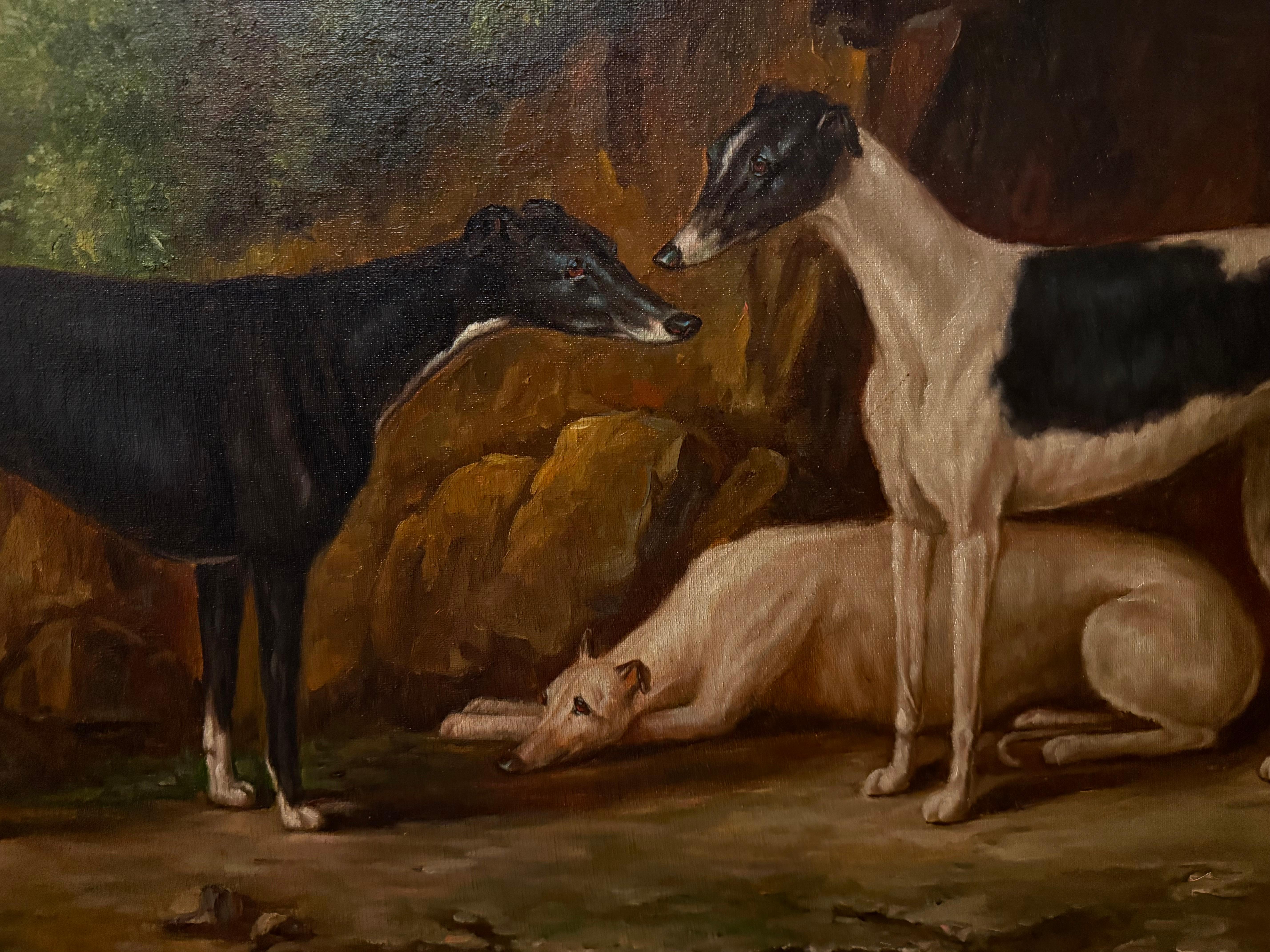 Three Whippets in landscape, mahogany frame For Sale 2