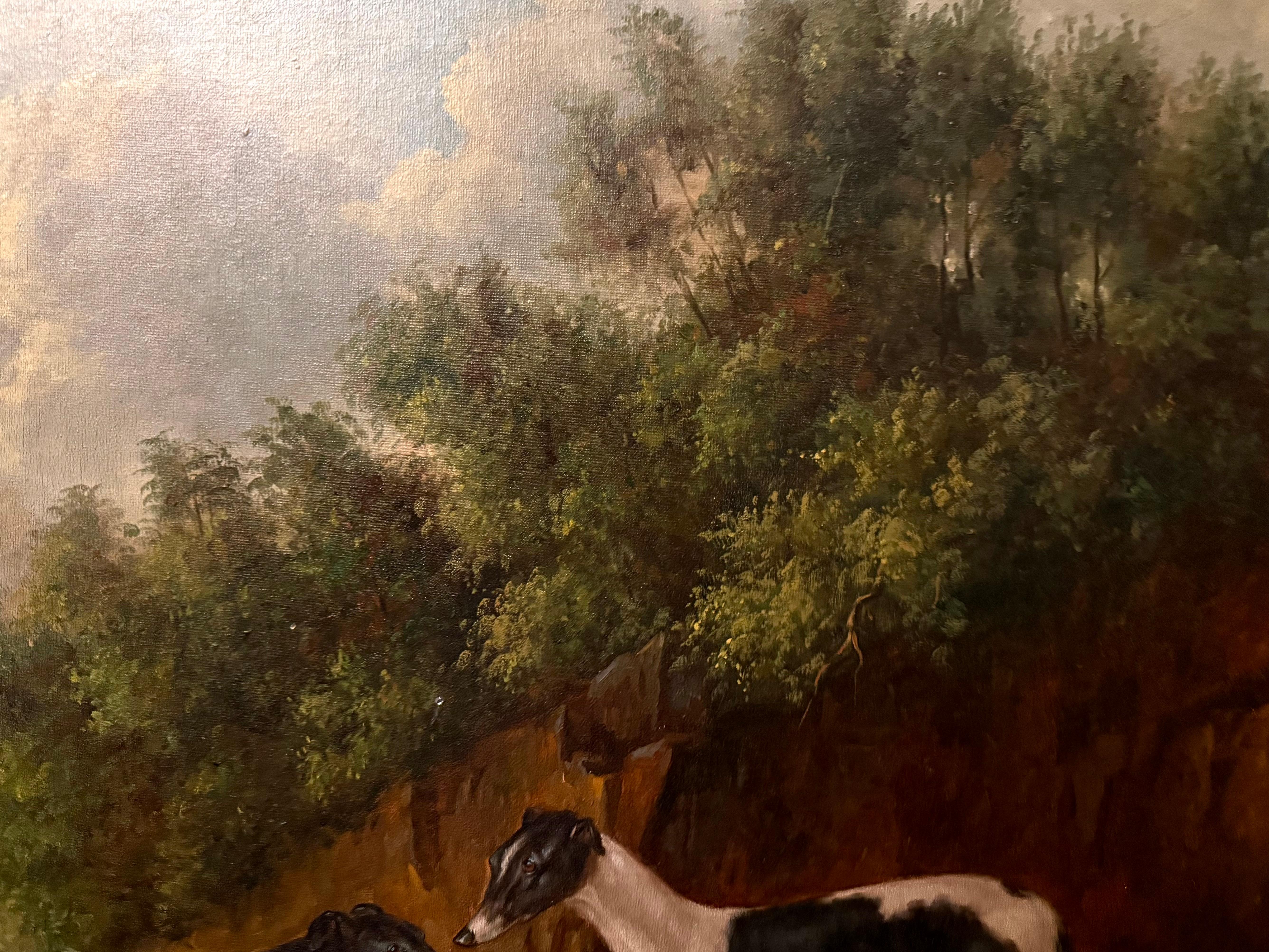 Three Whippets in landscape, mahogany frame For Sale 4