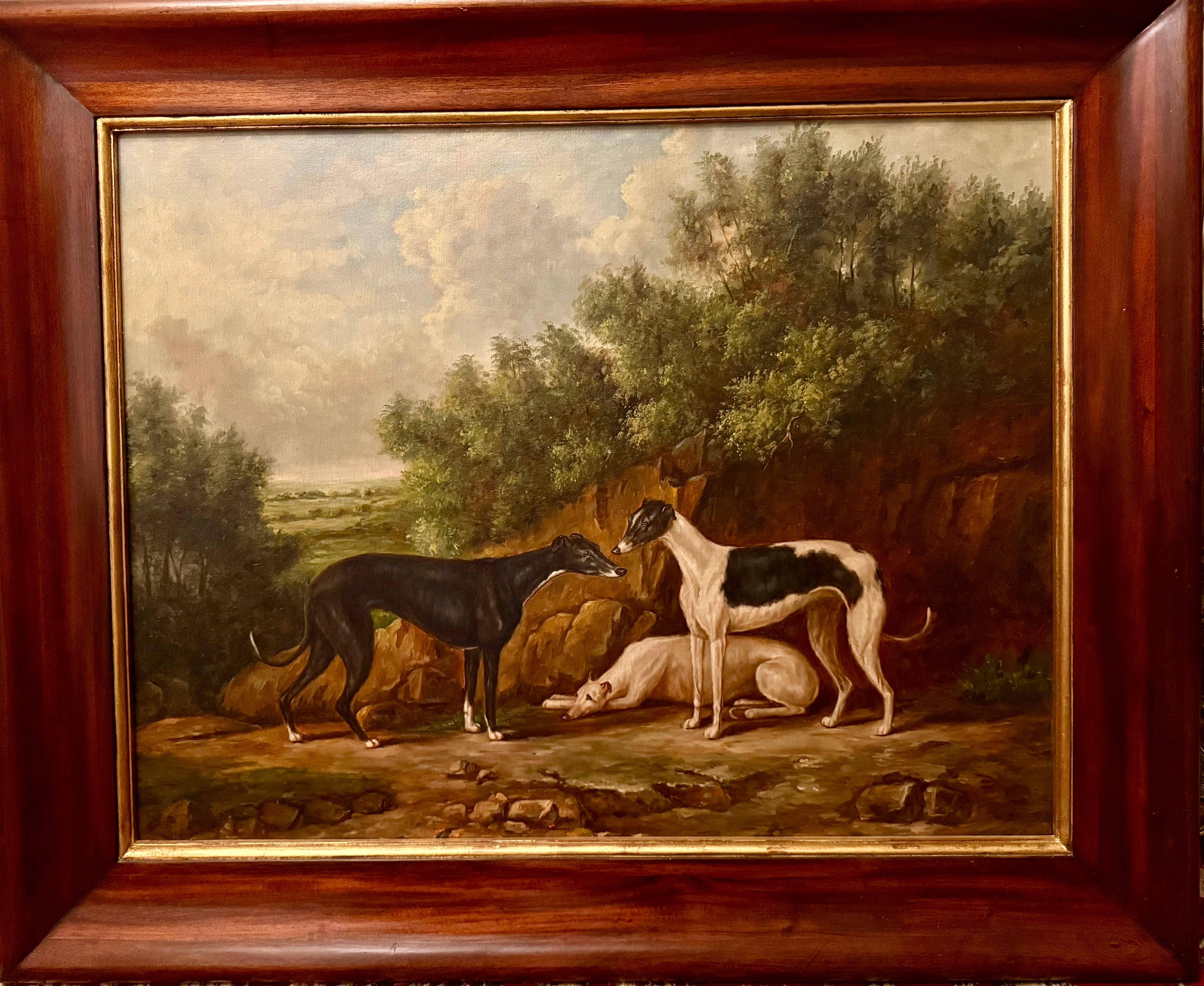 Unknown Landscape Painting - Three Whippets in landscape, mahogany frame