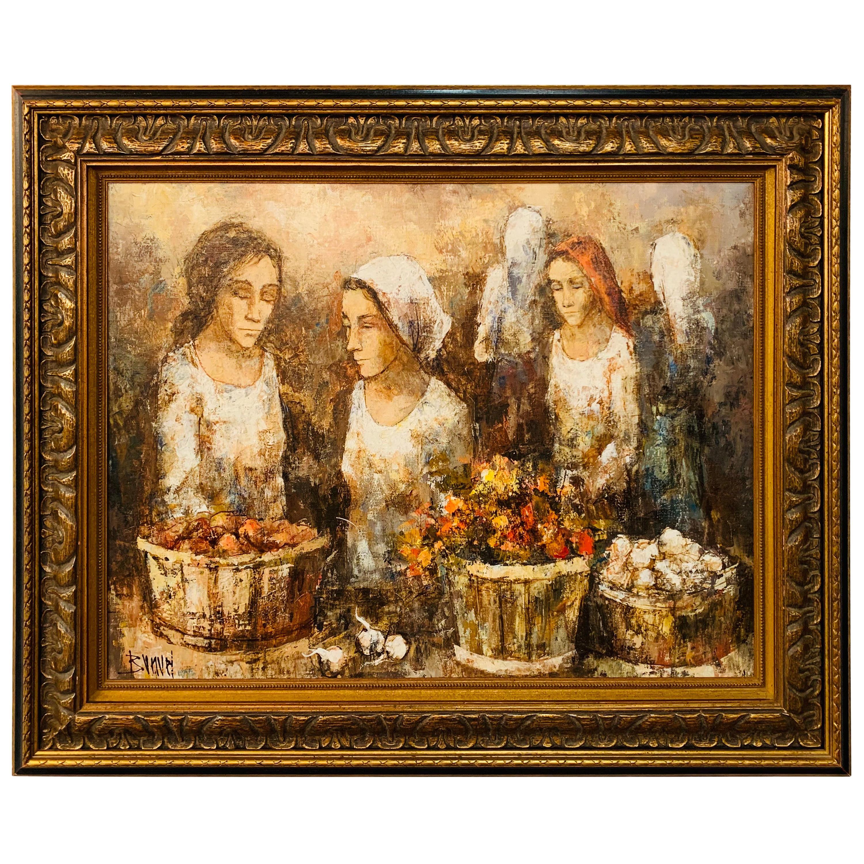 An expressive contemporary impressionistic oil painting on board of three women farmers by listed Spanish artist Manuel Monton Bunuel, (Spain b.1940).
The painting is finely framed in a custom wooden frame.  

Dimensions: 36" W x 28.75" H x 1" D.