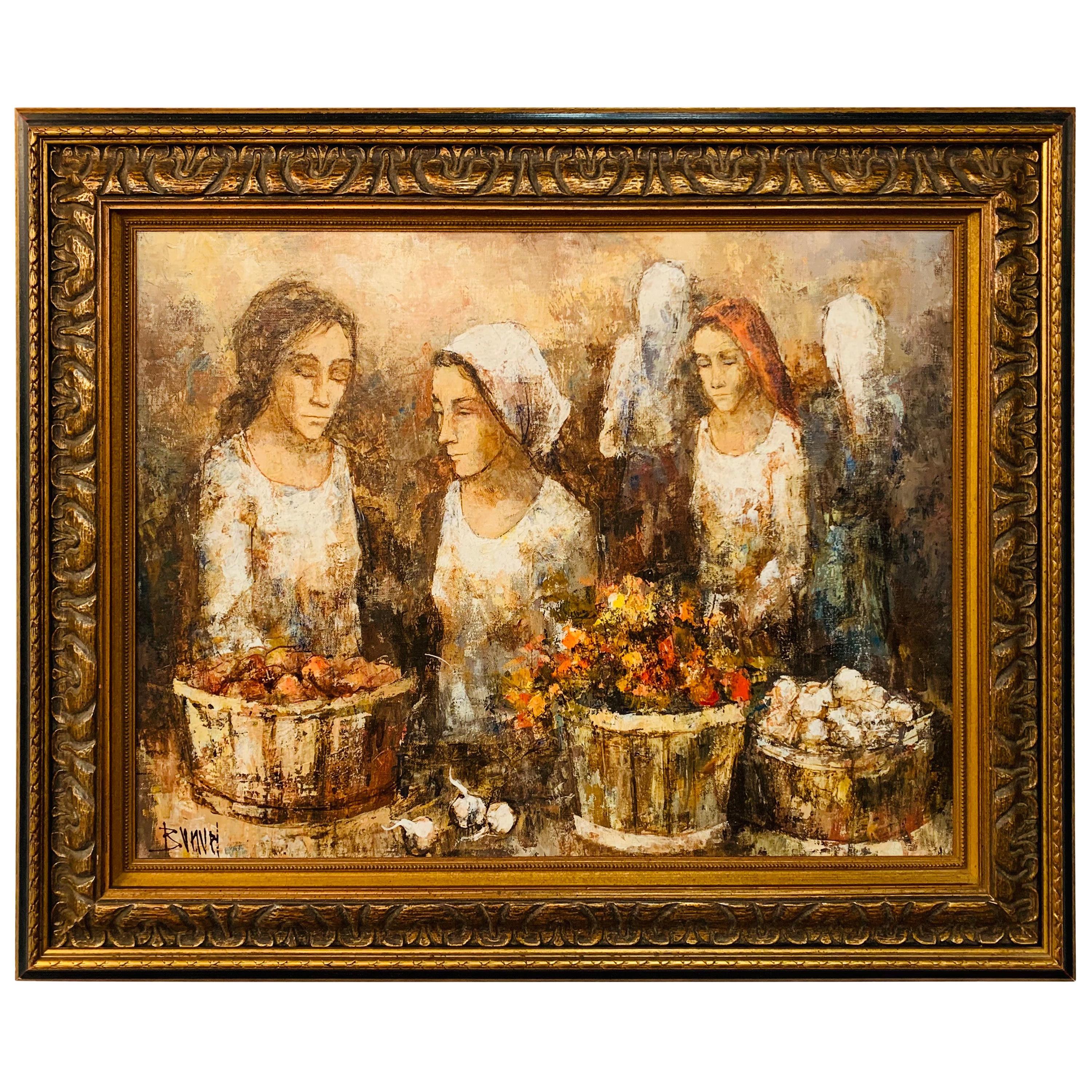 Drei Bauerninnen, Öl auf Karton, Gemälde, signiert von Bunuel und gerahmt – Painting von Unknown