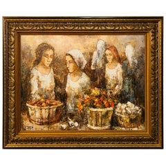 Peinture à l'huile sur panneau représentant trois femmes fermiers, signée par Bunuel et encadrée