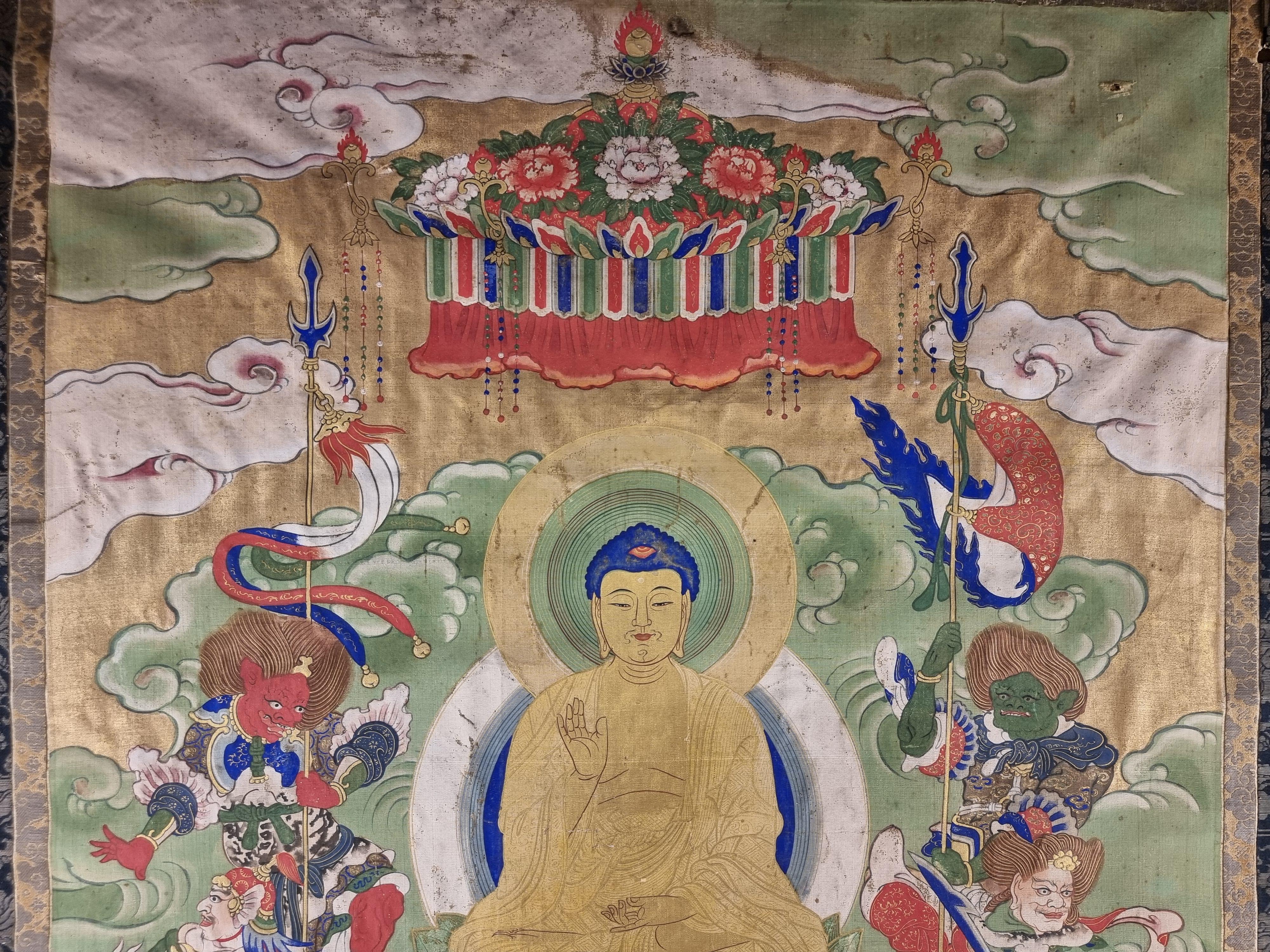 Thangka di grandi dimensioni del XIX secolo raffigurante Buddha. Incorniciato.