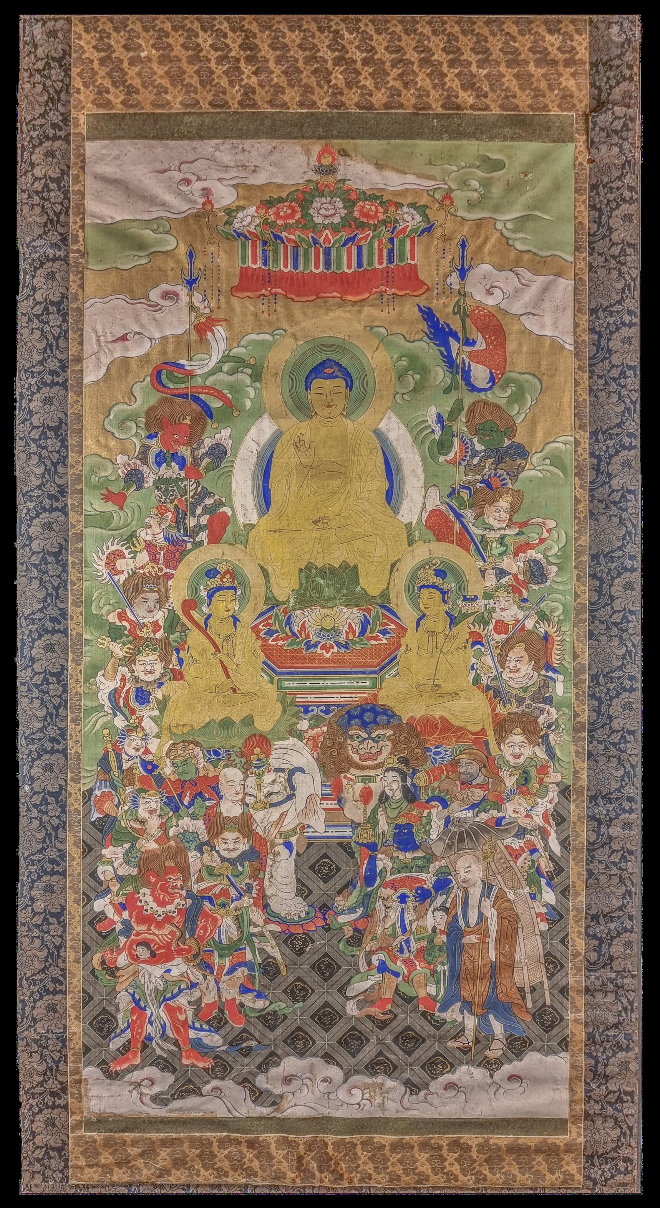 Figurative Painting di Unknown - Thangka tibetano raffigurante un buddha d'oro