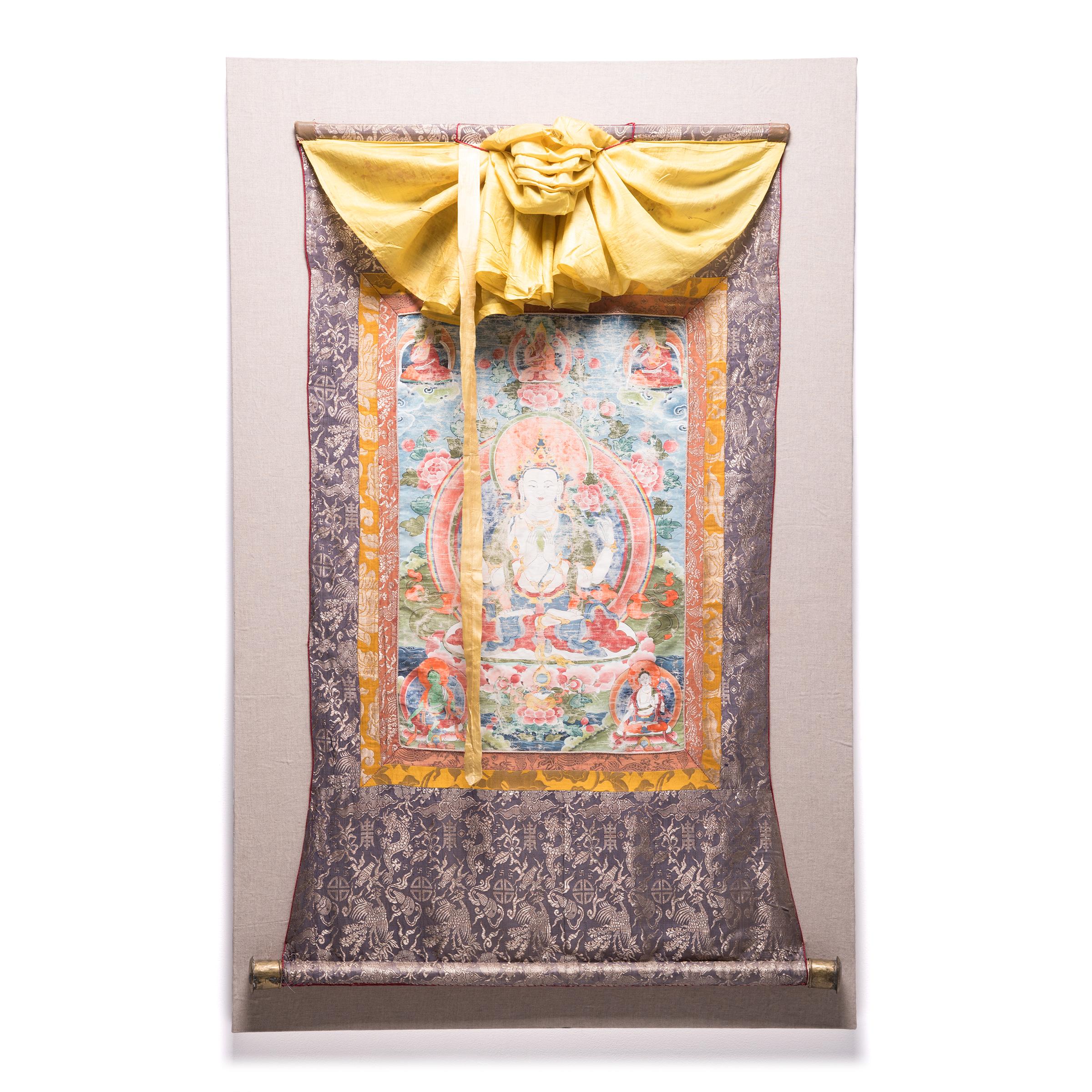Thangka tibetano di Chenresi, guazzo su lino - Painting di Unknown