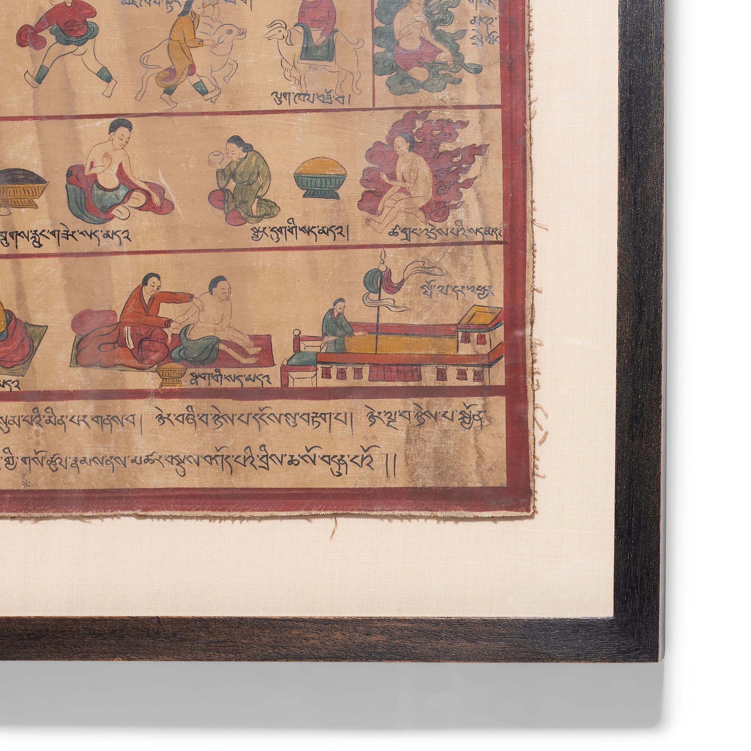 This beautifully detailed Tibetan folk painting dates to the mid-20th century and shares traditional knowledge in the style of painted Buddhist thangkas or manuscript cards. Intended as a visual aid for learning, the painting illustrates ritual and