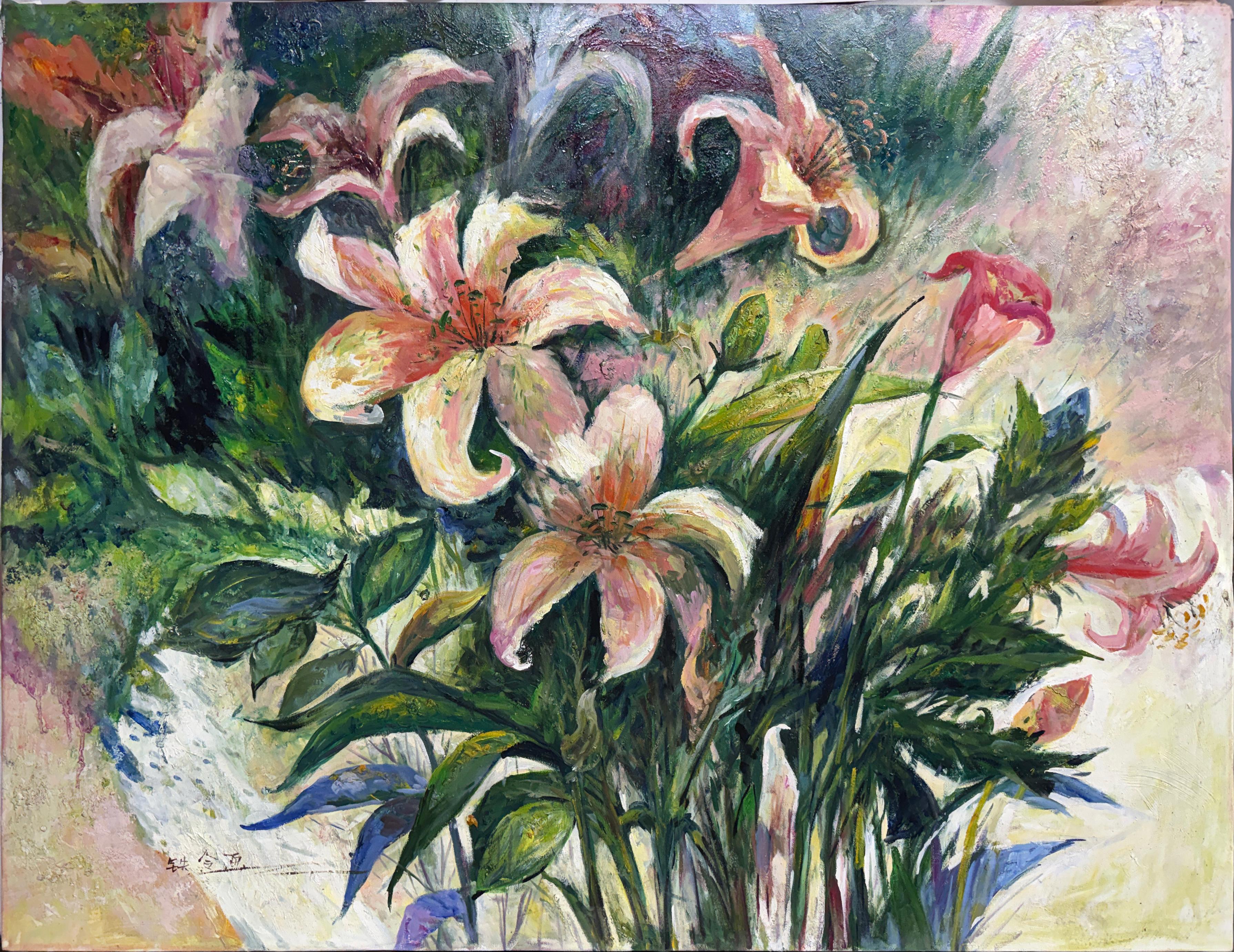 Unknown Landscape Painting - Tiger Lilies Large and Expressionist signed Huang Tiegu
