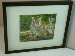 Tiger with Cubs Watercolor and India Ink on Paper, Framed, 1980s