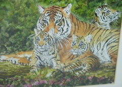 Tiger with Cubs Watercolor and India Ink on Paper, Framed, 1980s