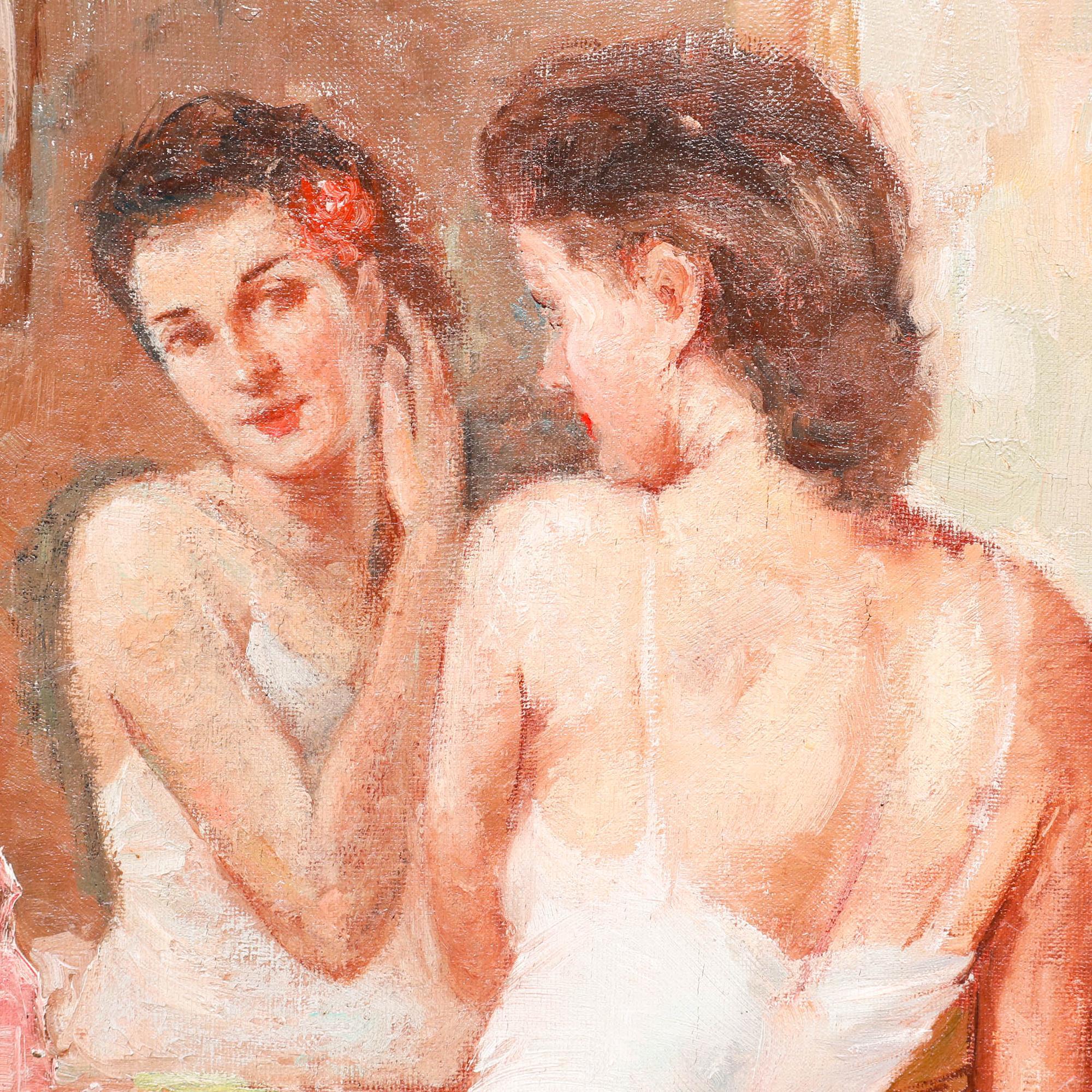 Este íntimo óleo capta un momento de tranquila preparación, representando a una bailarina de ballet con un tutú blanco ajustando su aspecto ante un espejo. La paleta de colores cálidos y apagados y la pincelada suelta crean una atmósfera suave y