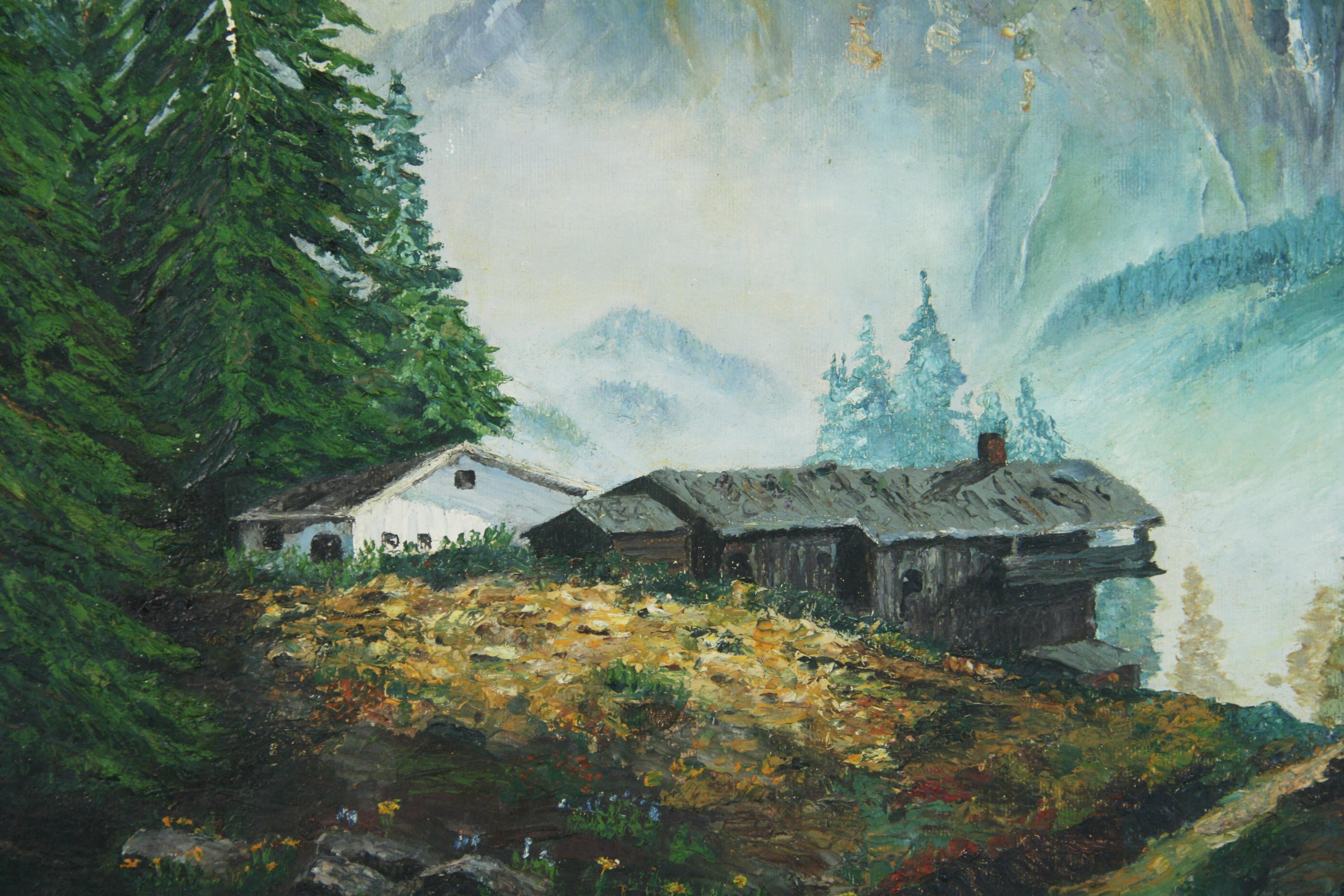 6086 Gebirgs- und Kabinenlandschaft in Öl PINTING
SIGNIERT UNTEN LINKS UND VERSO
Rahmen aus vergoldetem Eichenholz
Bildgröße 23x19
