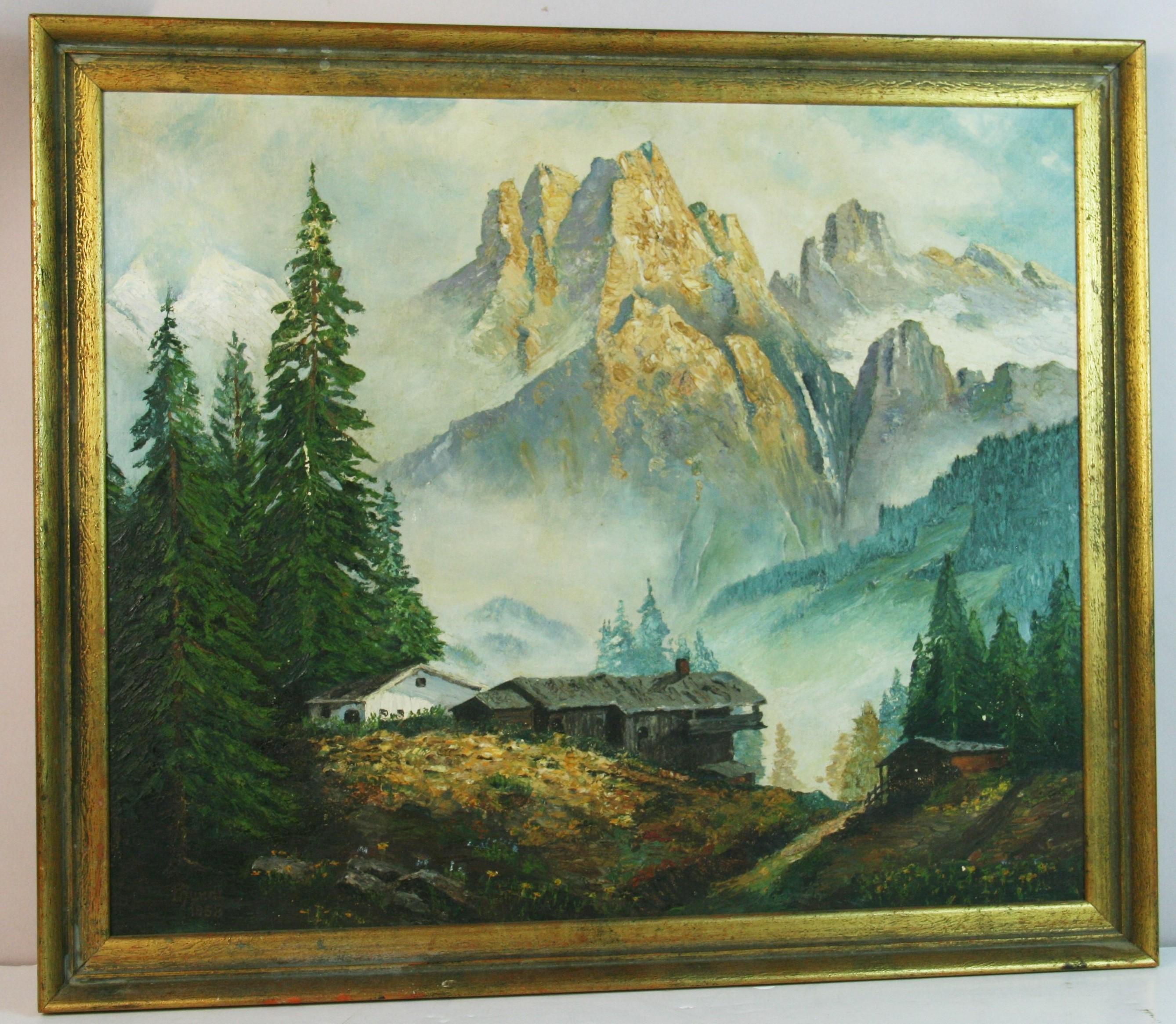 Unknown Landscape Painting - Tivol Mountains and Cabin Landscape, Oil on Canvas, Signed, 1958