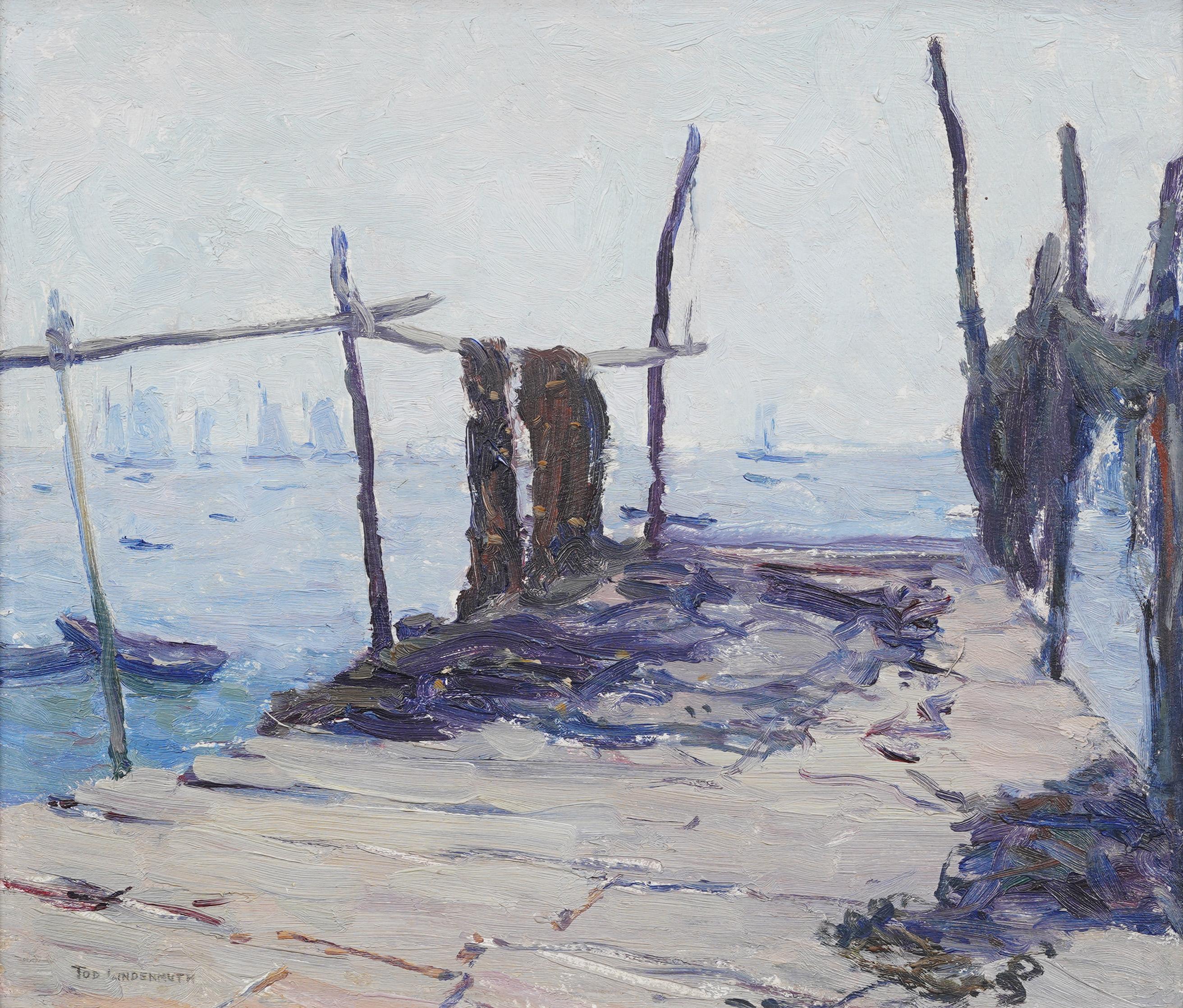 Antique impressionist seascape oil painting by Tod (Raphael Leroy) Lindenmuth (1885 - 1976) . Oil on board.   Framed. Signed.  In excellent original condition. Handsomely framed in a  silver leaf wood molding.  Excellent condition, ready to hang and