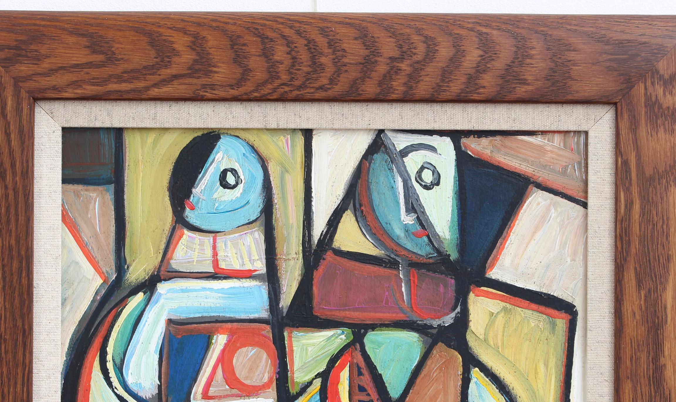 'Together', oil on board, Berlin School (circa 1960s). A vibrant, mid-century artwork in a distinctive and compelling style. Clearly inspired by cubists Picasso and Braque, the artist uses angles, lines and subdued earth tones to create this