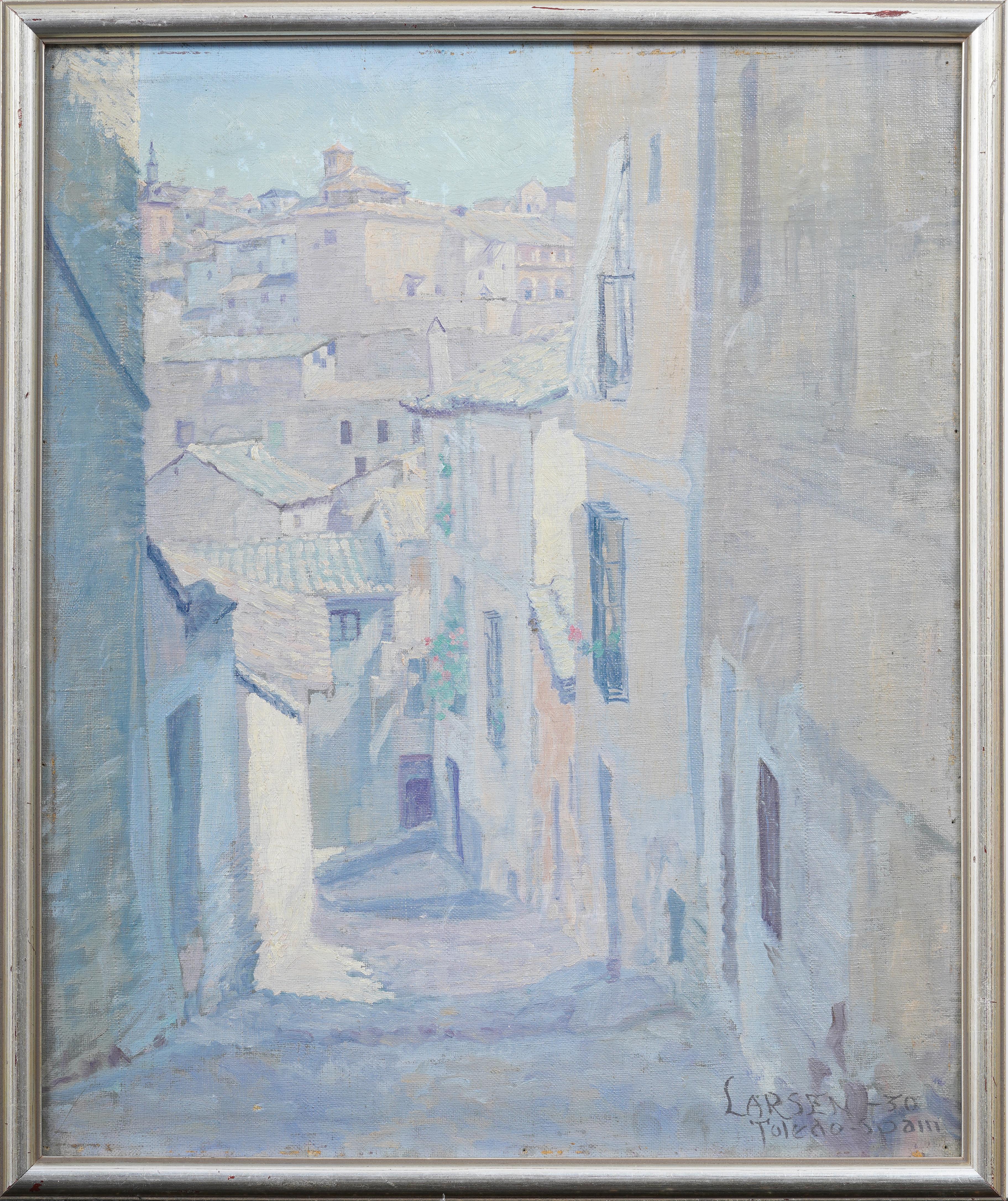 Toledo Spain Nicely Framed Impressionist Antique Cityscape Street Oil Painting - Gray Landscape Painting by Unknown