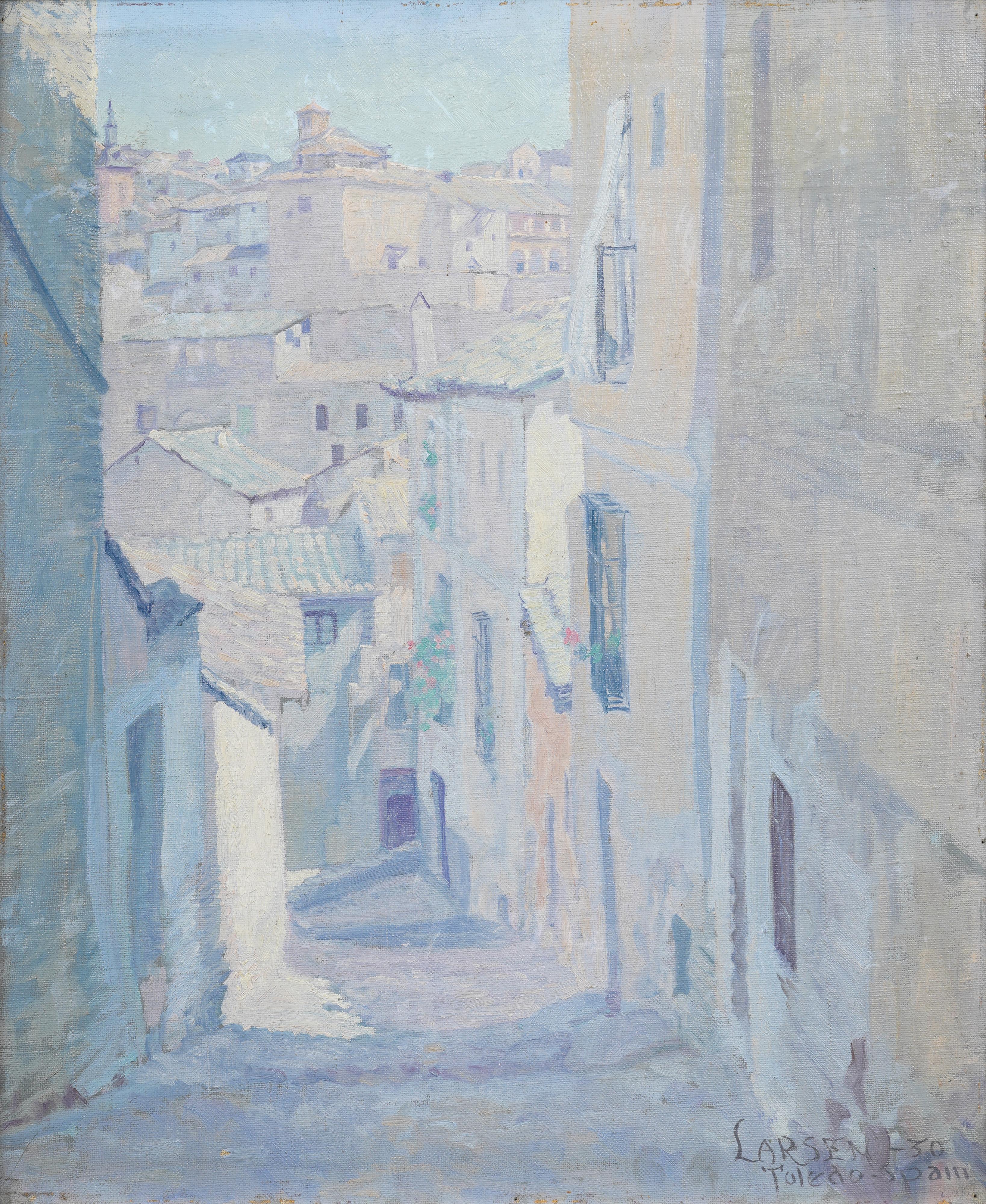 Antique Spanish impressionist cityscape oil painting. Oil on board.  Framed. Signed.  In excellent original condition. Handsomely framed in a  silver leaf wood molding.  Excellent condition, ready to hang and enjoy. 