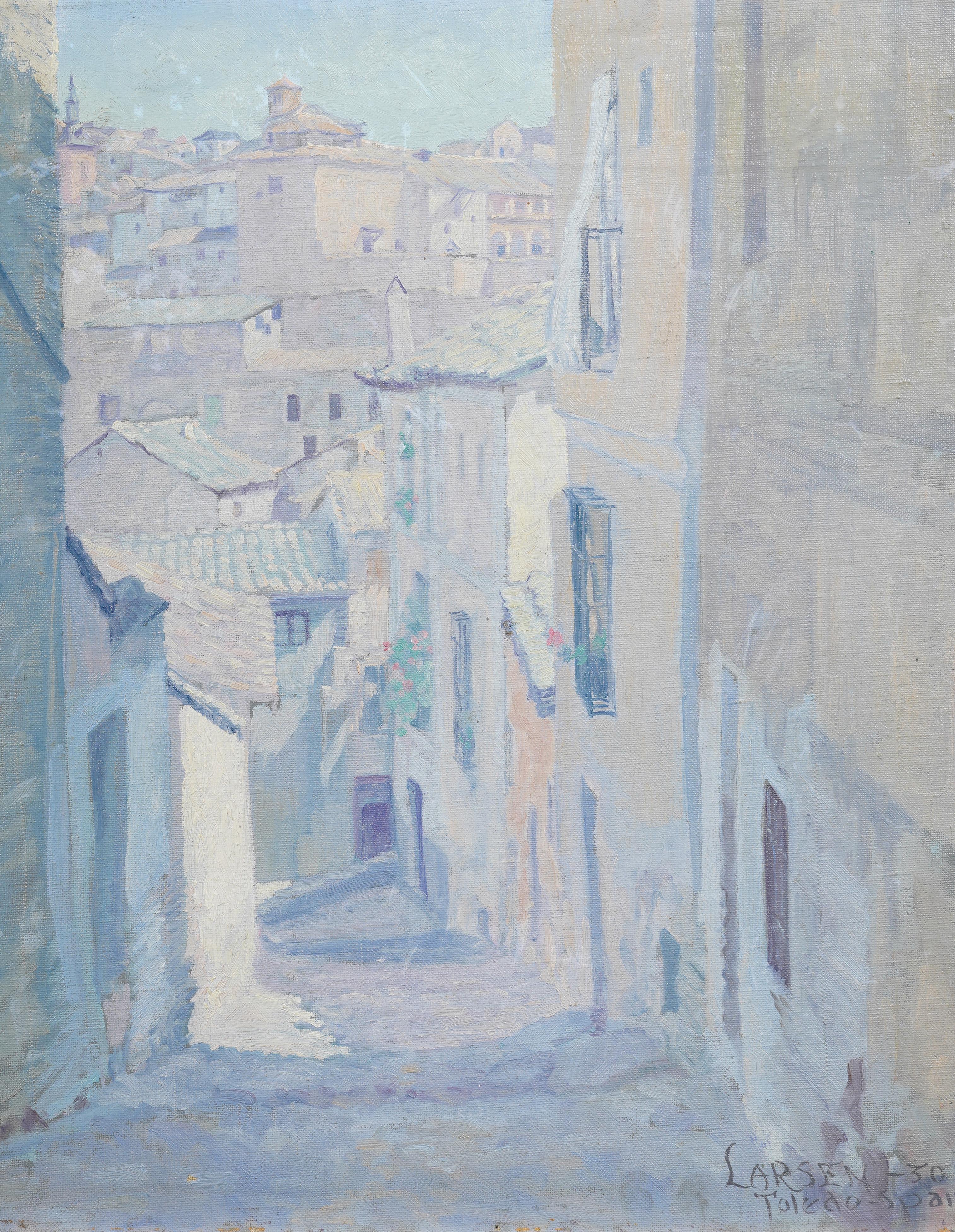 Toledo Spain Nicely Framed Impressionist Antique Cityscape Street Oil Painting For Sale 1