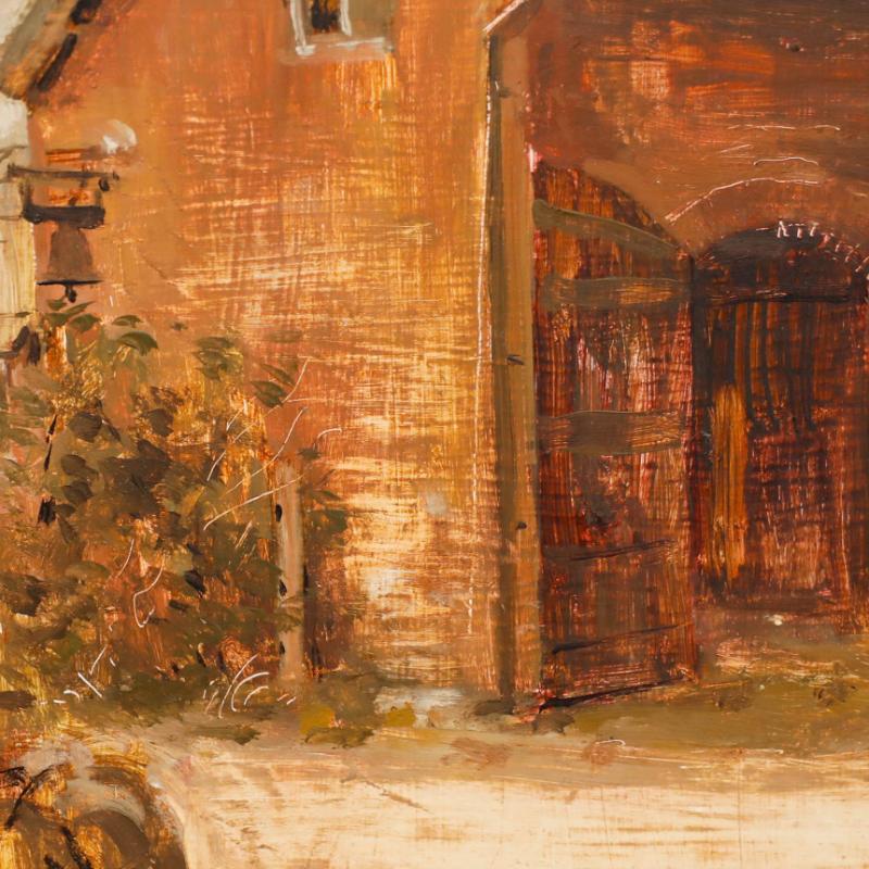 Diese malerische Szene von Tom Coates (1941-2023) zeigt die Ställe von Sutton Mill in Warwickshire, wo eine Figur im Hof Hühner füttert. Das Werk ist in einem lockeren, impressionistischen Stil gehalten. Monogramme unten rechts. Gut präsentiert in