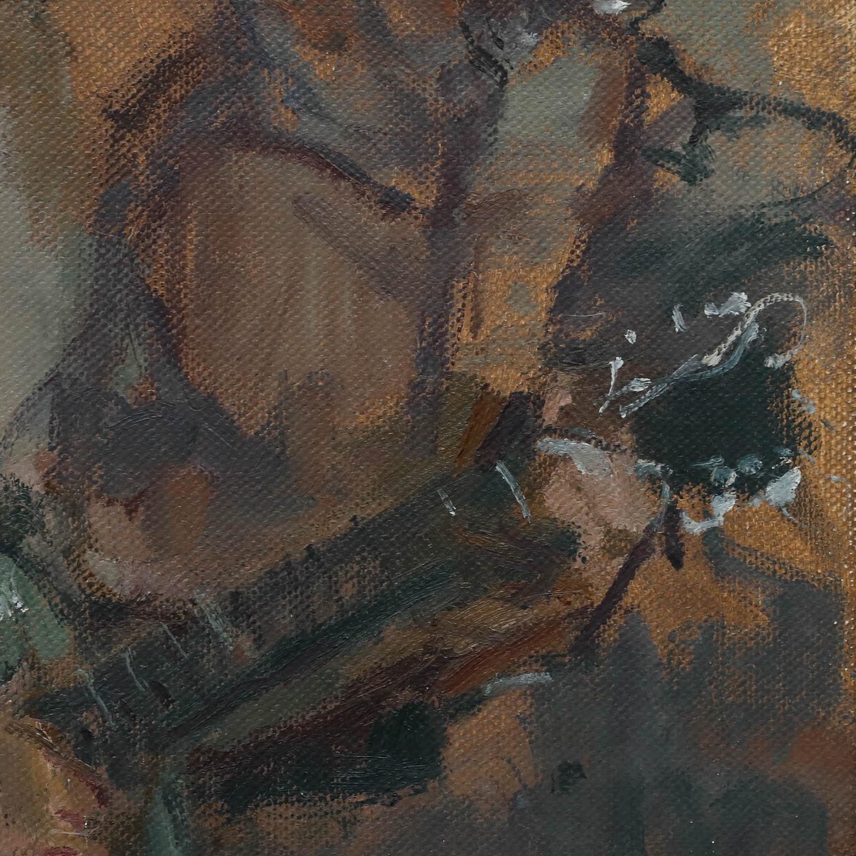 A delightful portrait by the well listed artist Tom Coates RBA (1941-2023) depicting a musician with his guitar. Signed with a monogram to the lower right. Handsomely presented in a white frame with a canvas inner. On canvas on stretchers.