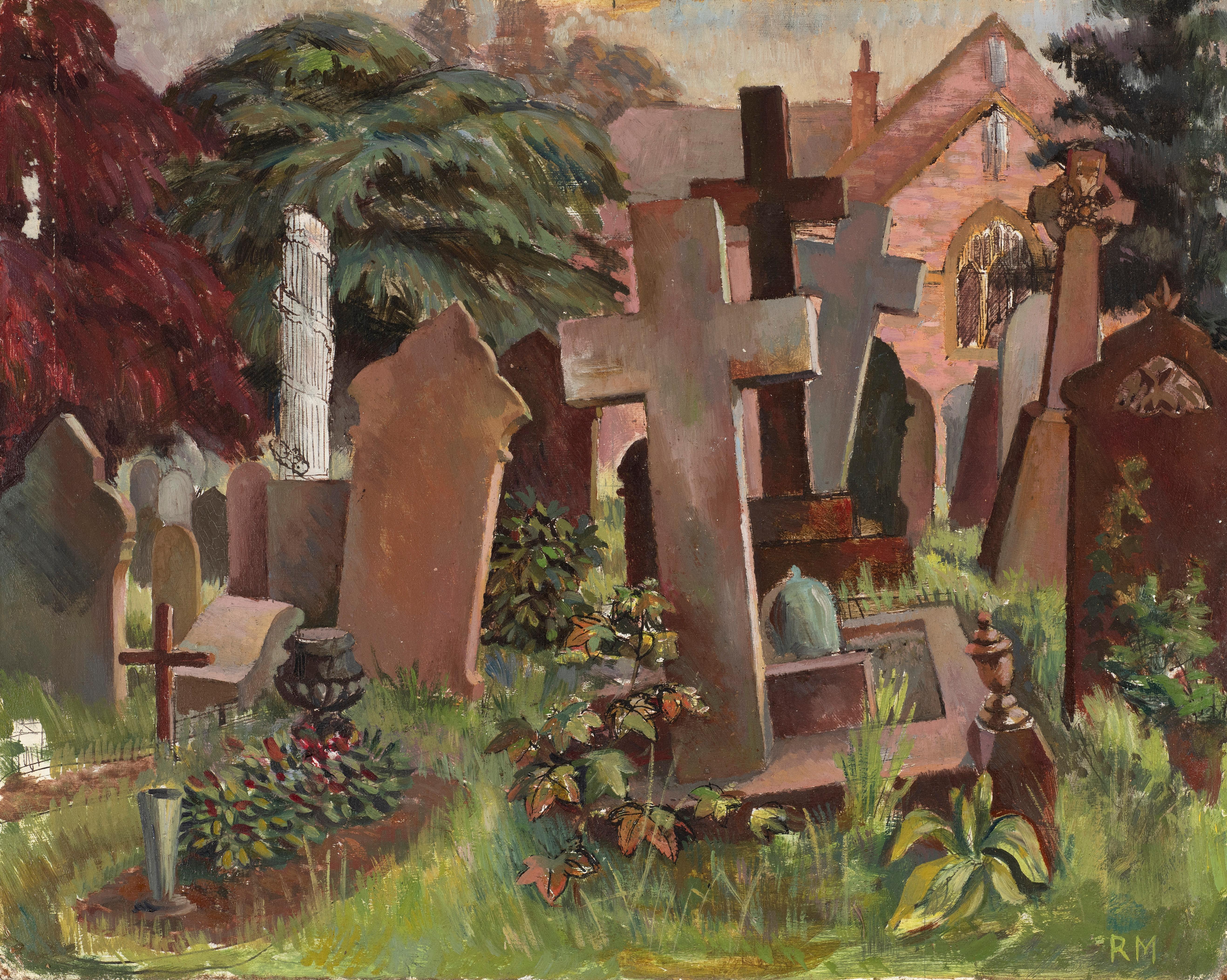 Lápidas en un cementerio rural - Painting de Unknown