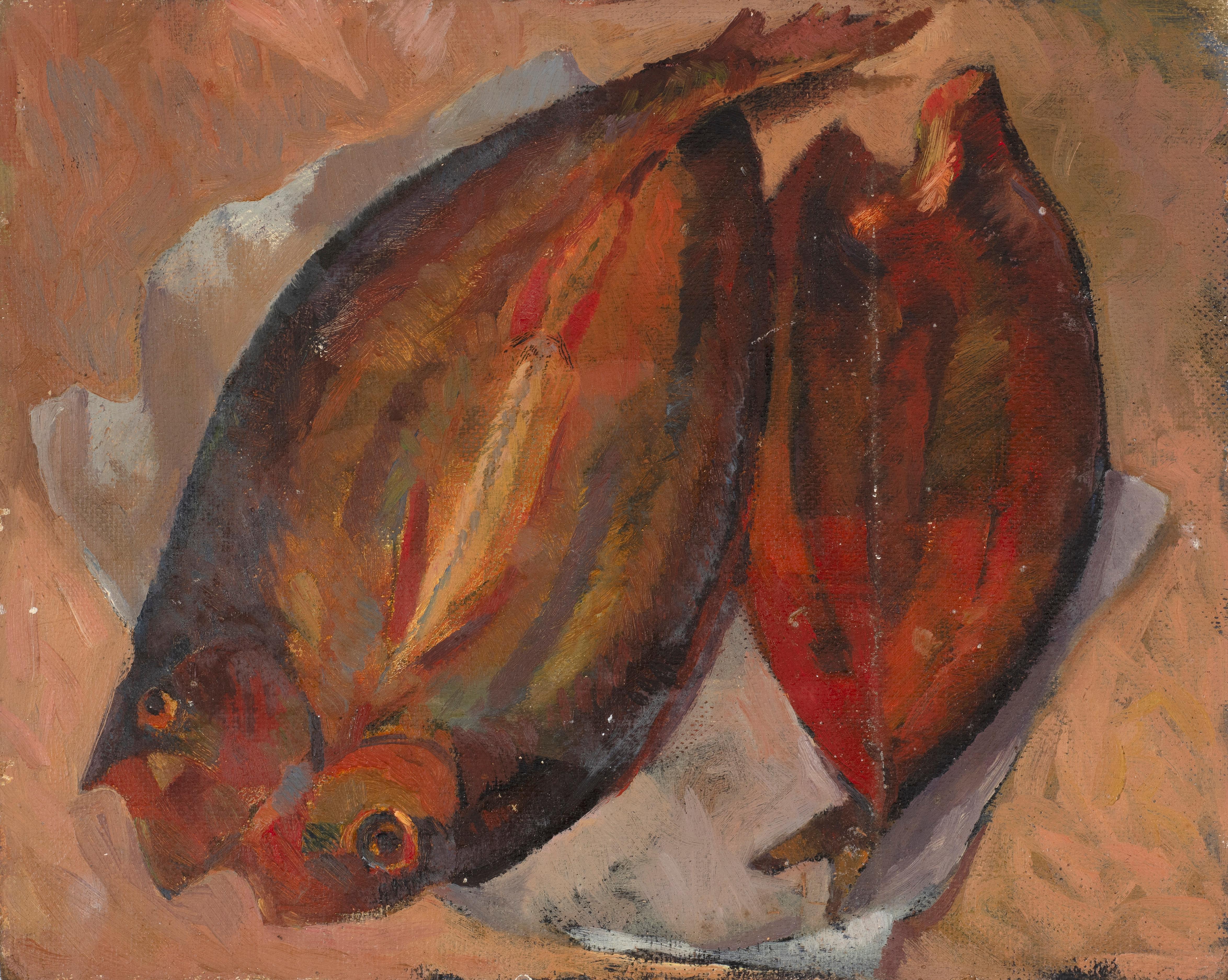 Británico, c. 1940-50 
Lápidas en un cementerio rural
Con un estudio de dos arenques en el verso
Firmado con iniciales y mango de pincel abajo a la derecha, 'R.M.'.
Óleo y grafito sobre tabla
30,3 x 37,3 cm; (dentro del marco) 45 x 51,5