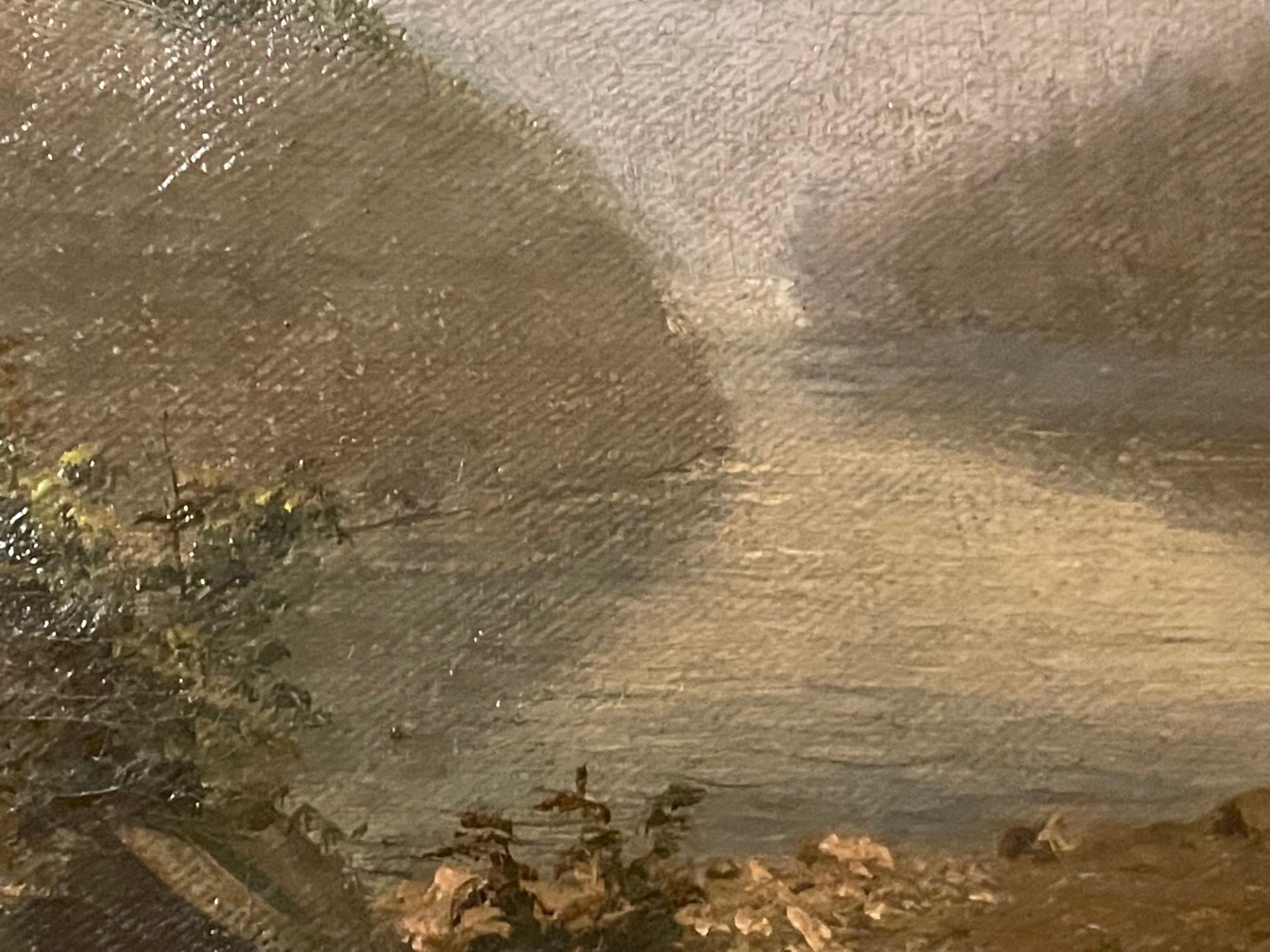 The technique of American Tonalism is evident in this oil painting on canvas from the early 20th century/late 19th century.  Hues of  muted greys create the atmospheric mood of dusk on the hills and river. Tonalism is all about working with tones