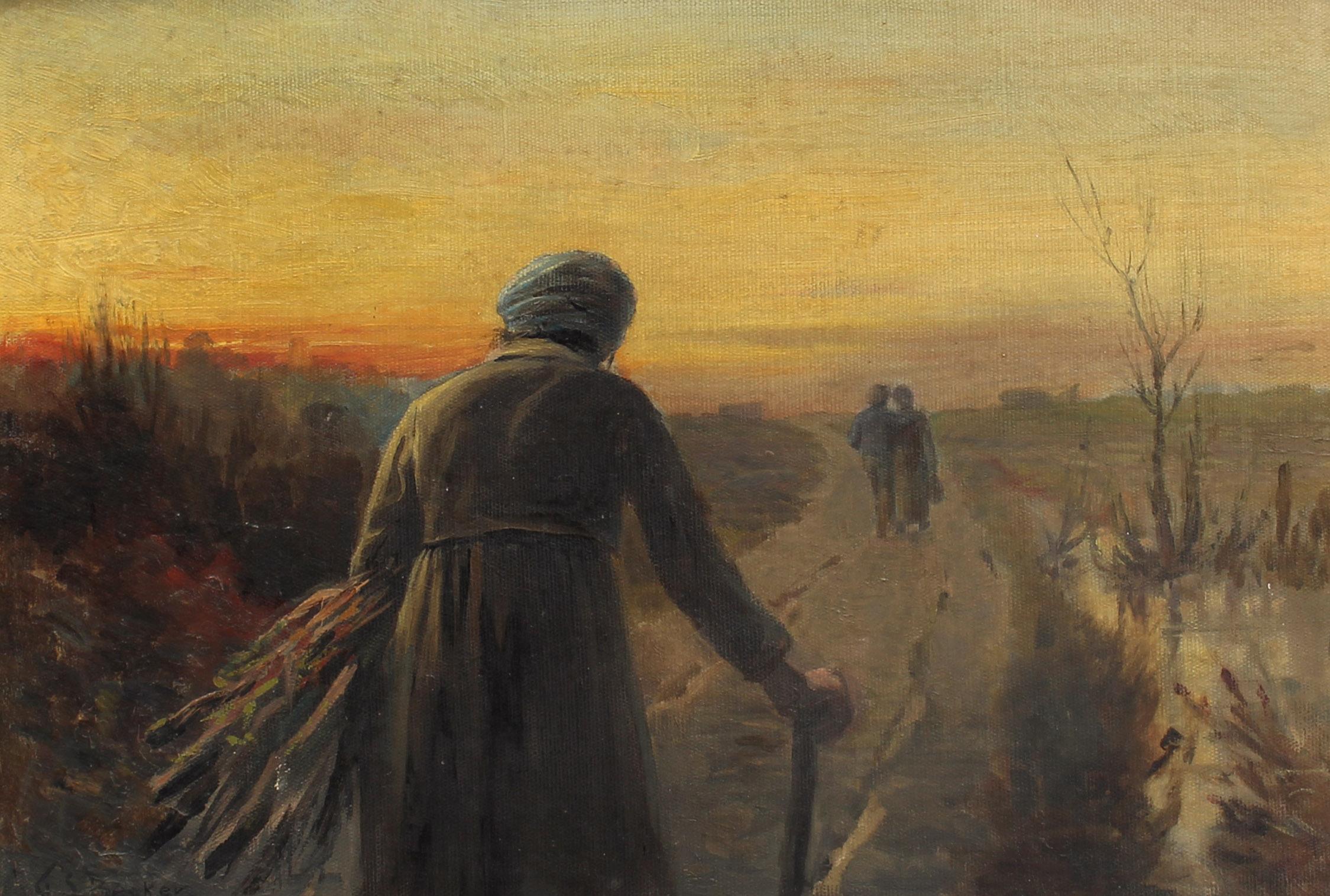 Tonalistisches Gemälde Sonnenuntergang Figuren Weizen Barbizon Gerahmtes Ölgemälde, 19. Jahrhundert – Painting von Unknown