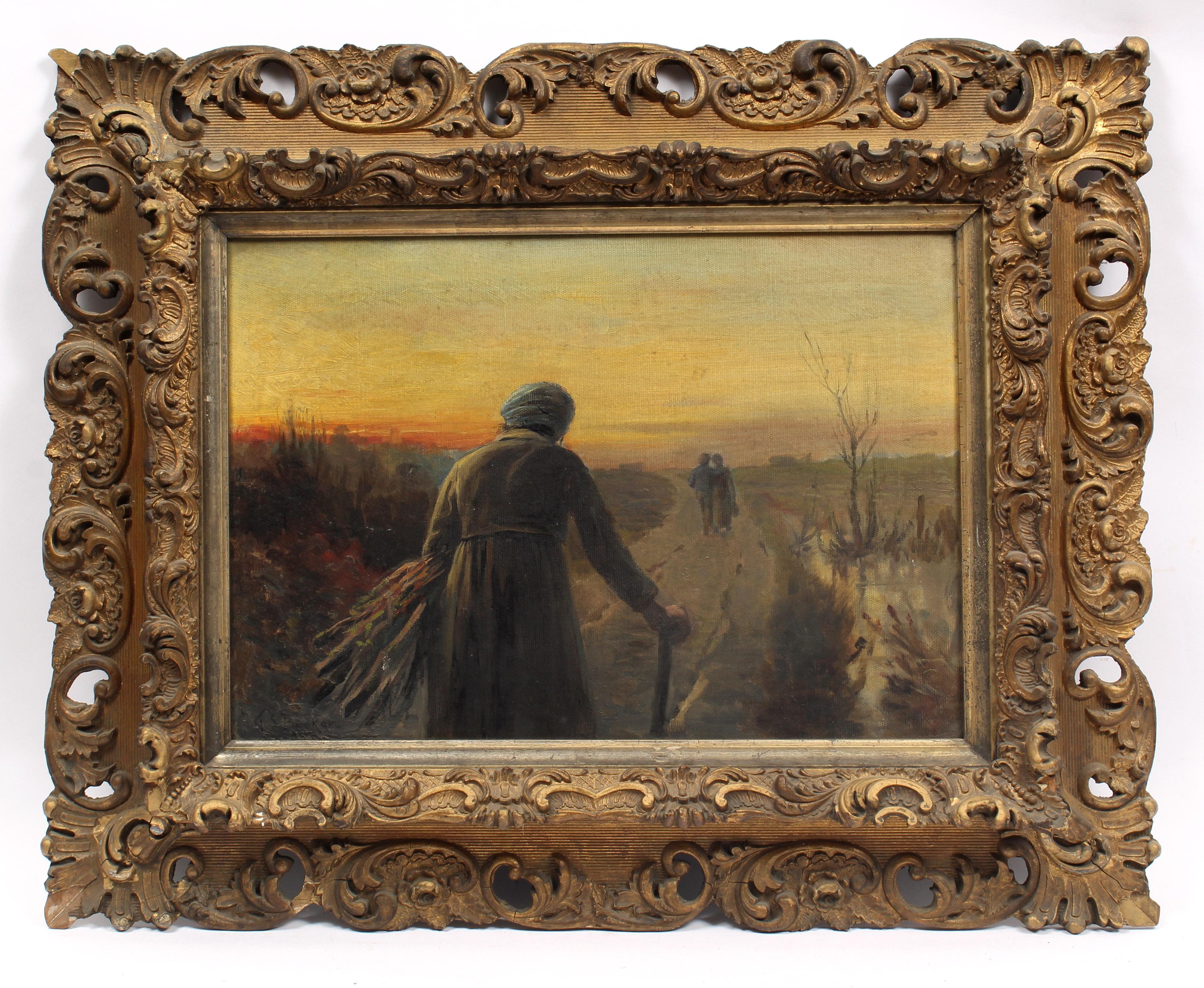 Unknown Figurative Painting - Tonalist Painting Sunset Figures Wheat Barbizon Framed 19th Century Oil Painting